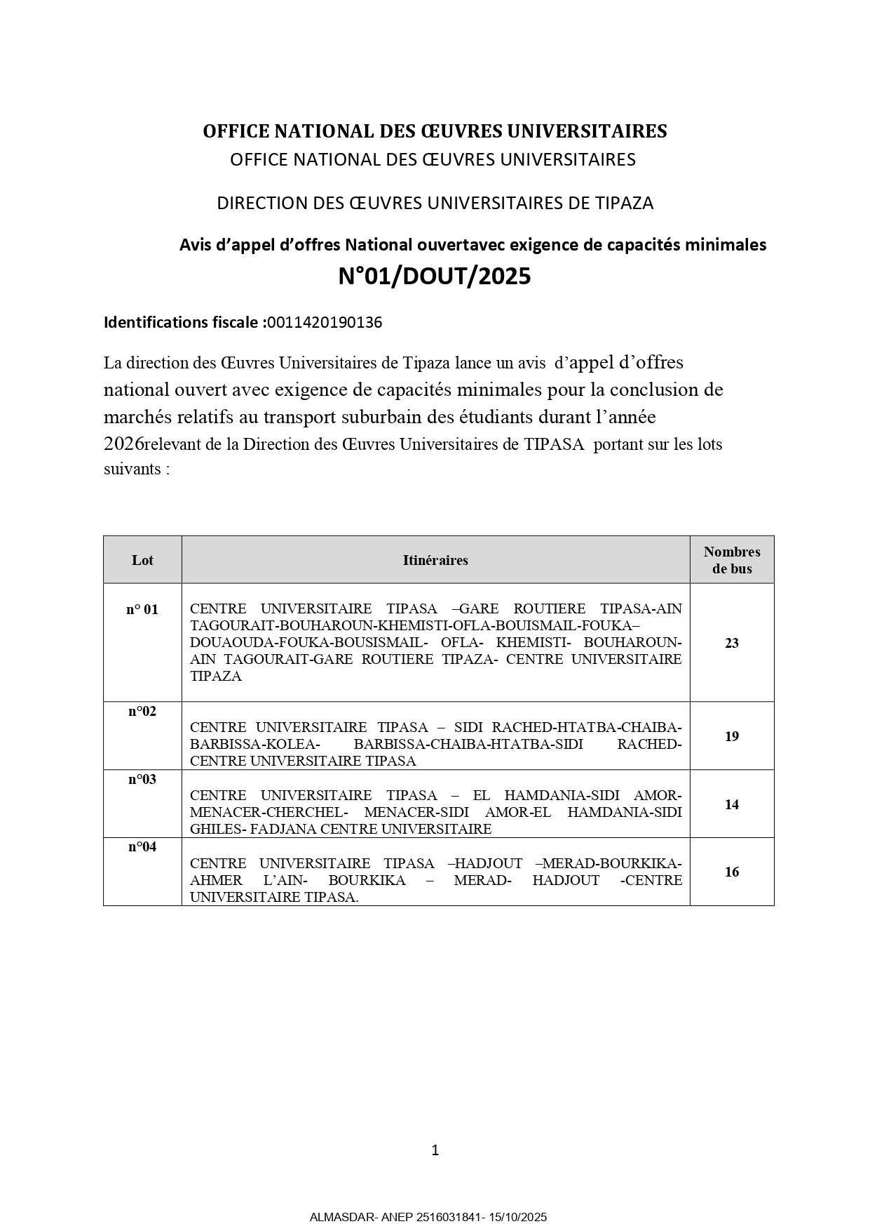 avis d'appel d'offres national ouvert avec exigence de capacités minimales n01/dout/2025
