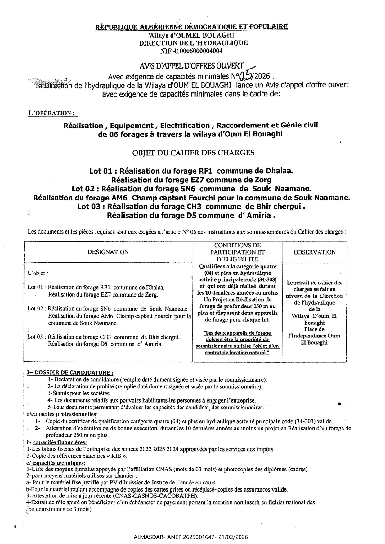 avis d'appel d'offres ouvert avec eigence de capacité minimales n 05/2026