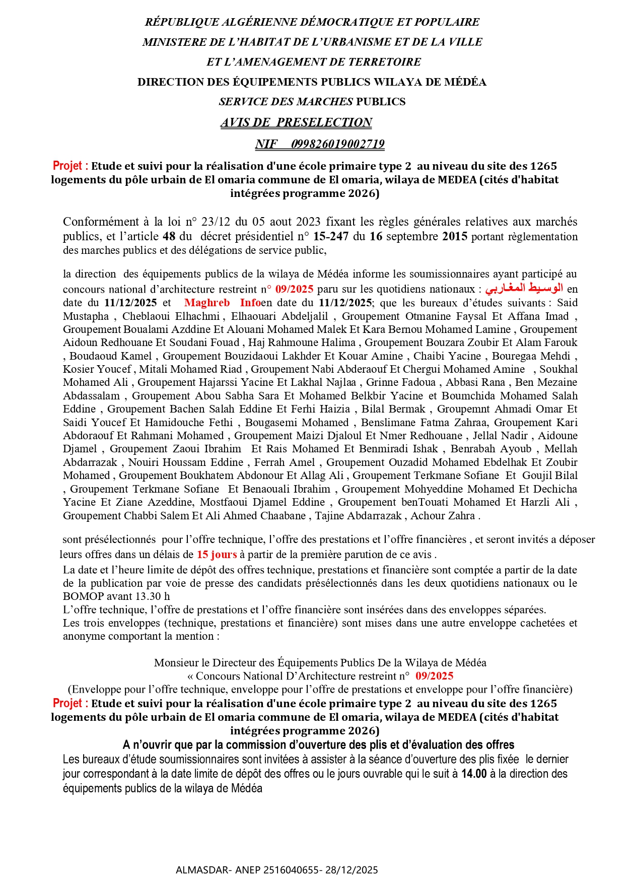 AVIS DE  PRESELECTION 