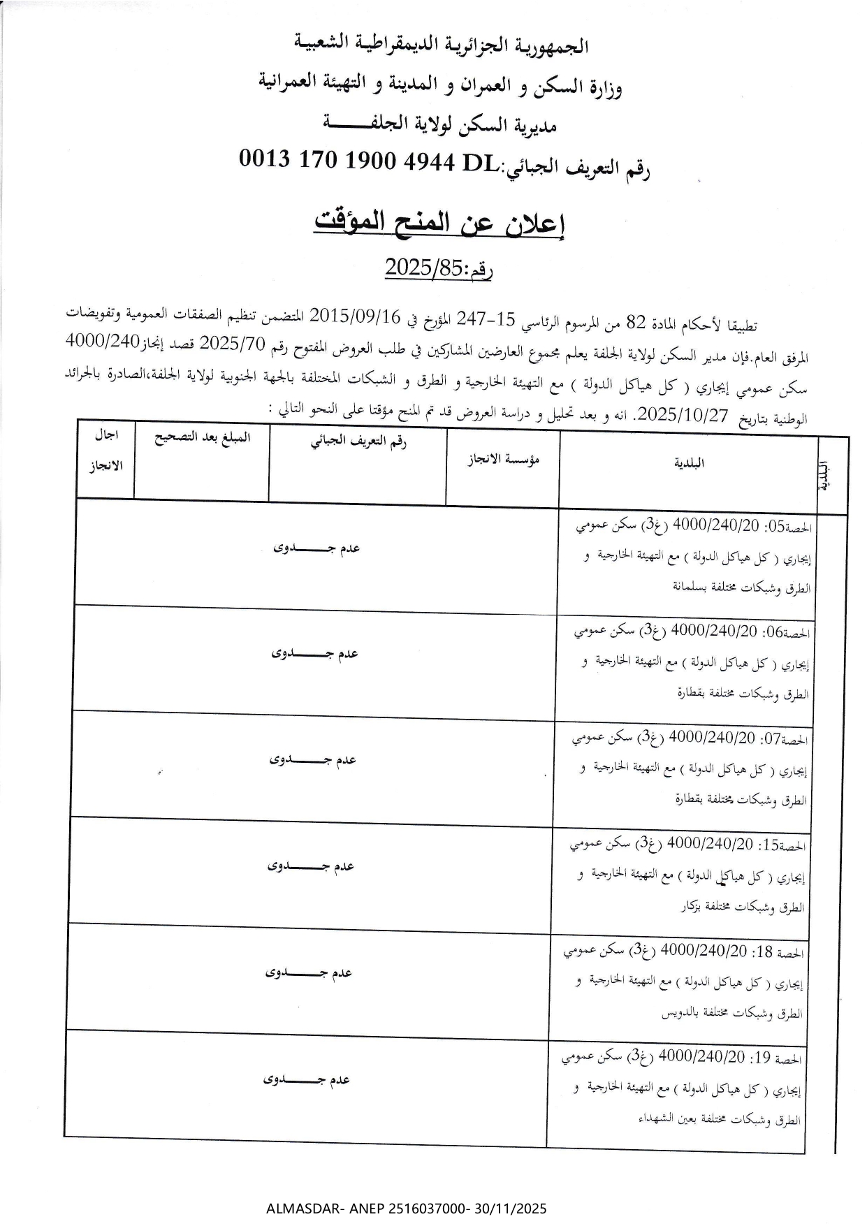 اعلان عن المنح المؤقت. 