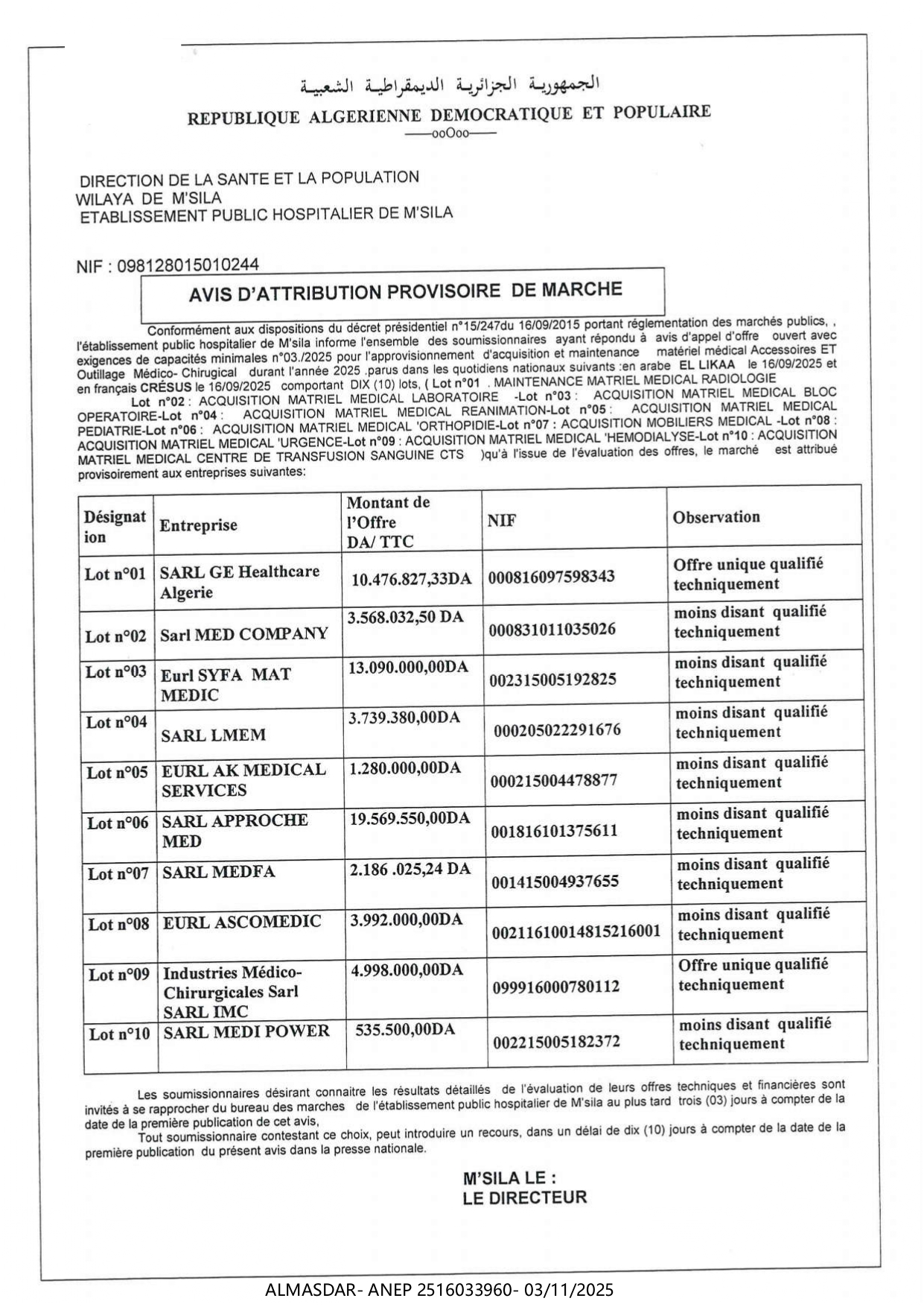 AVIS D'ATTRIBUTION PROVISOIRE DE MARCHE