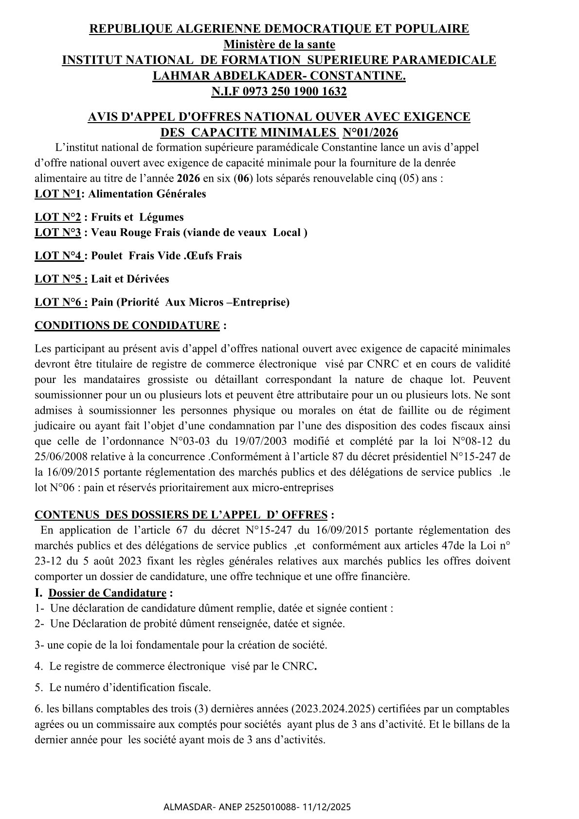 AVIS D'APPEL D'OFFRES NATIONAL OUVER AVEC EXIGENCE  DES  CAPACITE MINIMALES  N°01/2026 