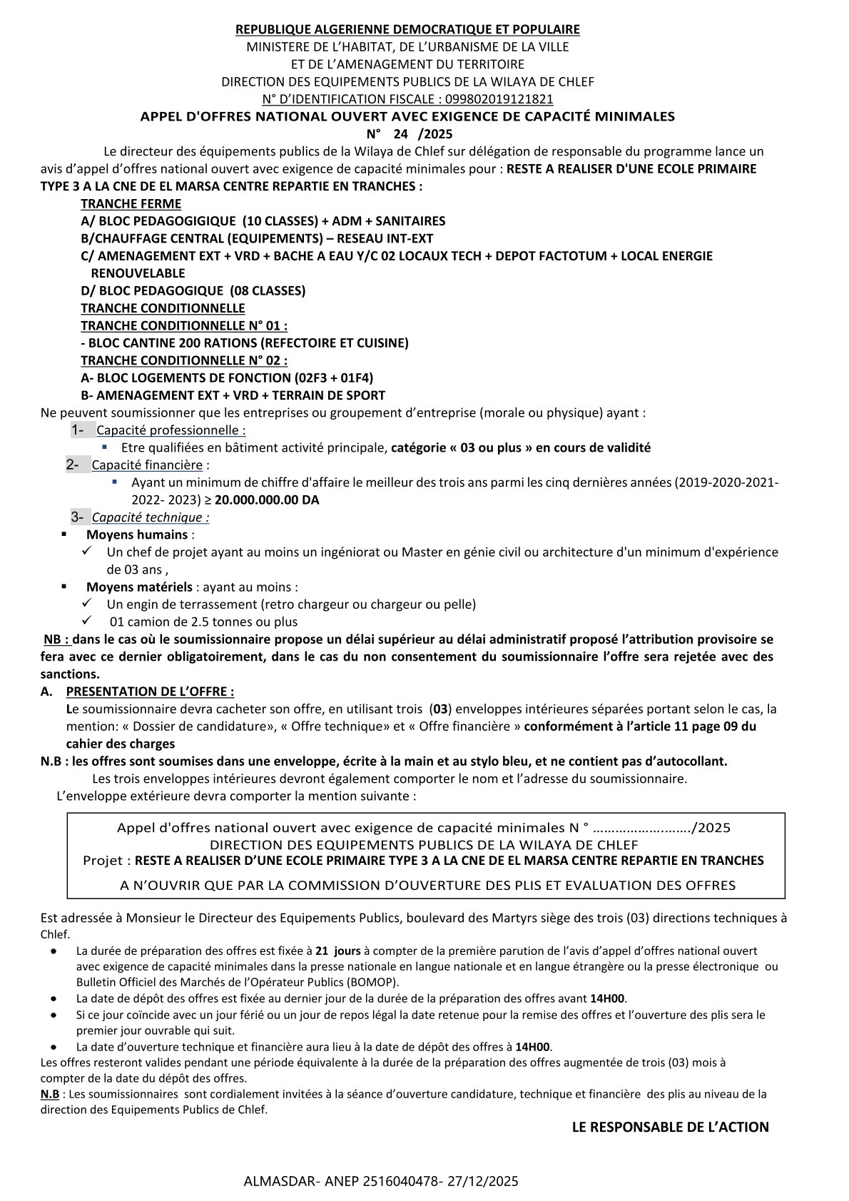 APPEL D'OFFRES NATIONAL OUVERT AVEC EXIGENCE DE CAPACITÉ MINIMALES N°     24   /2025