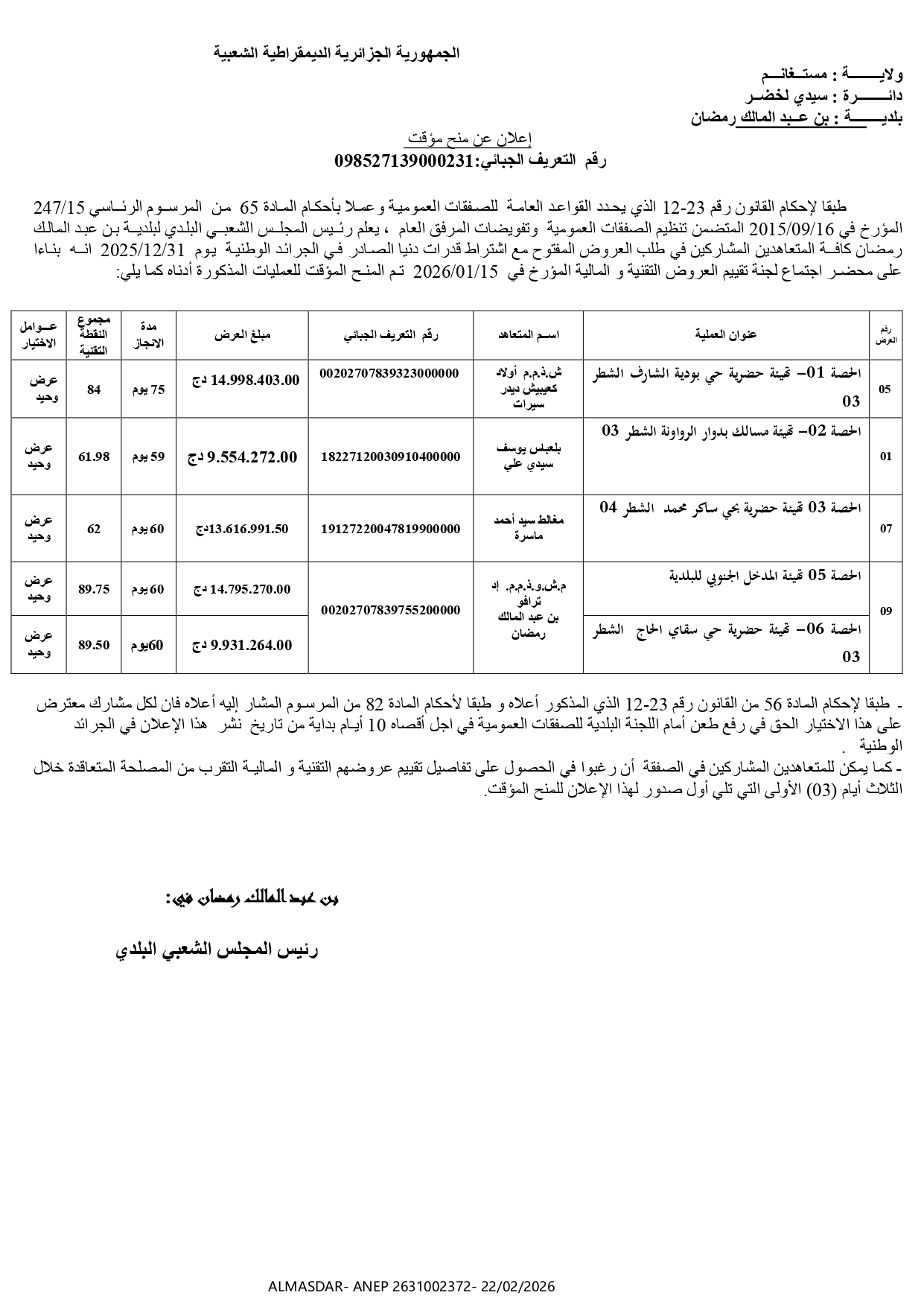 **** إعلان عن منح مؤقت