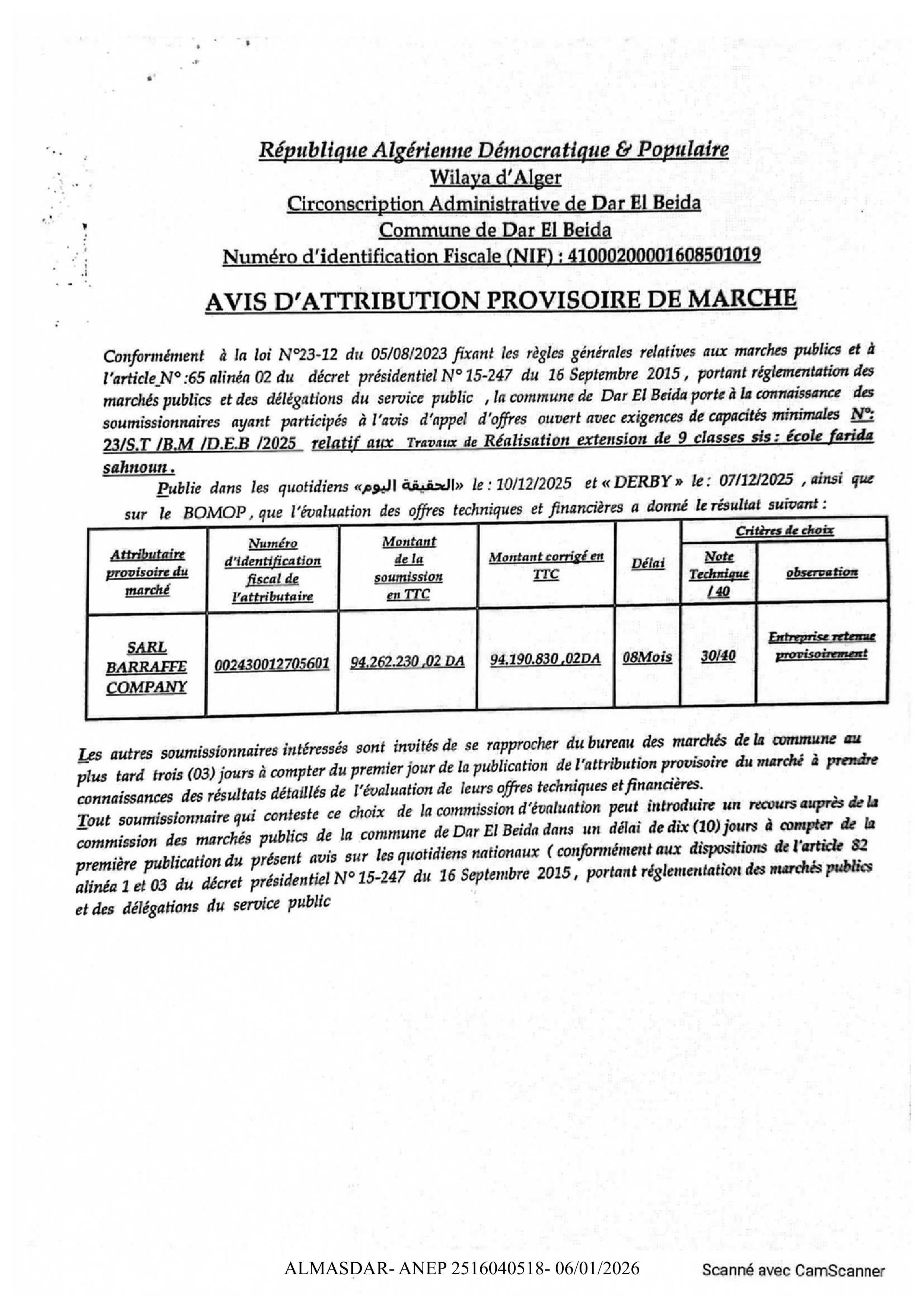 Avis d'attribution provisoire de marché*