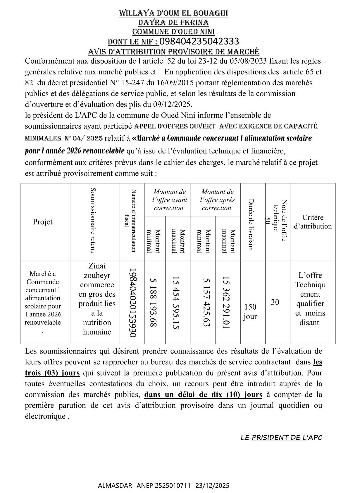 aViS d’attribution ProViSoire de marcHé *