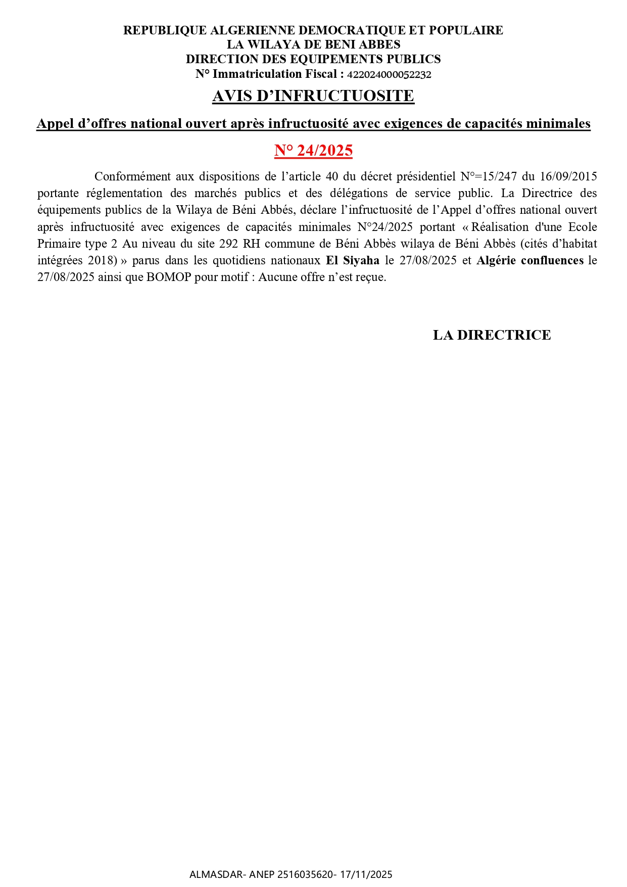 AVIS D'INFRUCTUOSITE N 2025/24