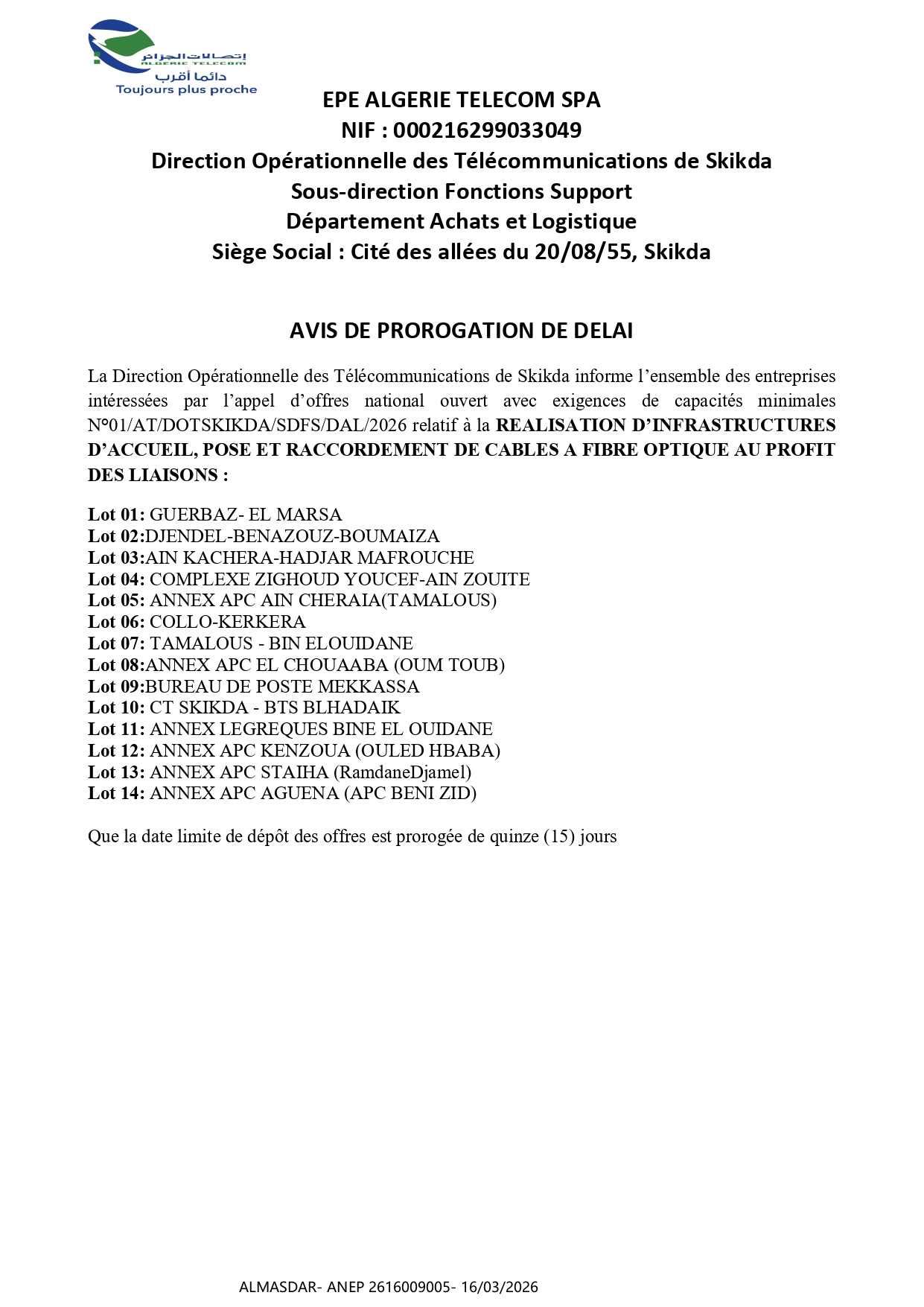 AVIS DE PROROGATION DE DELAI 