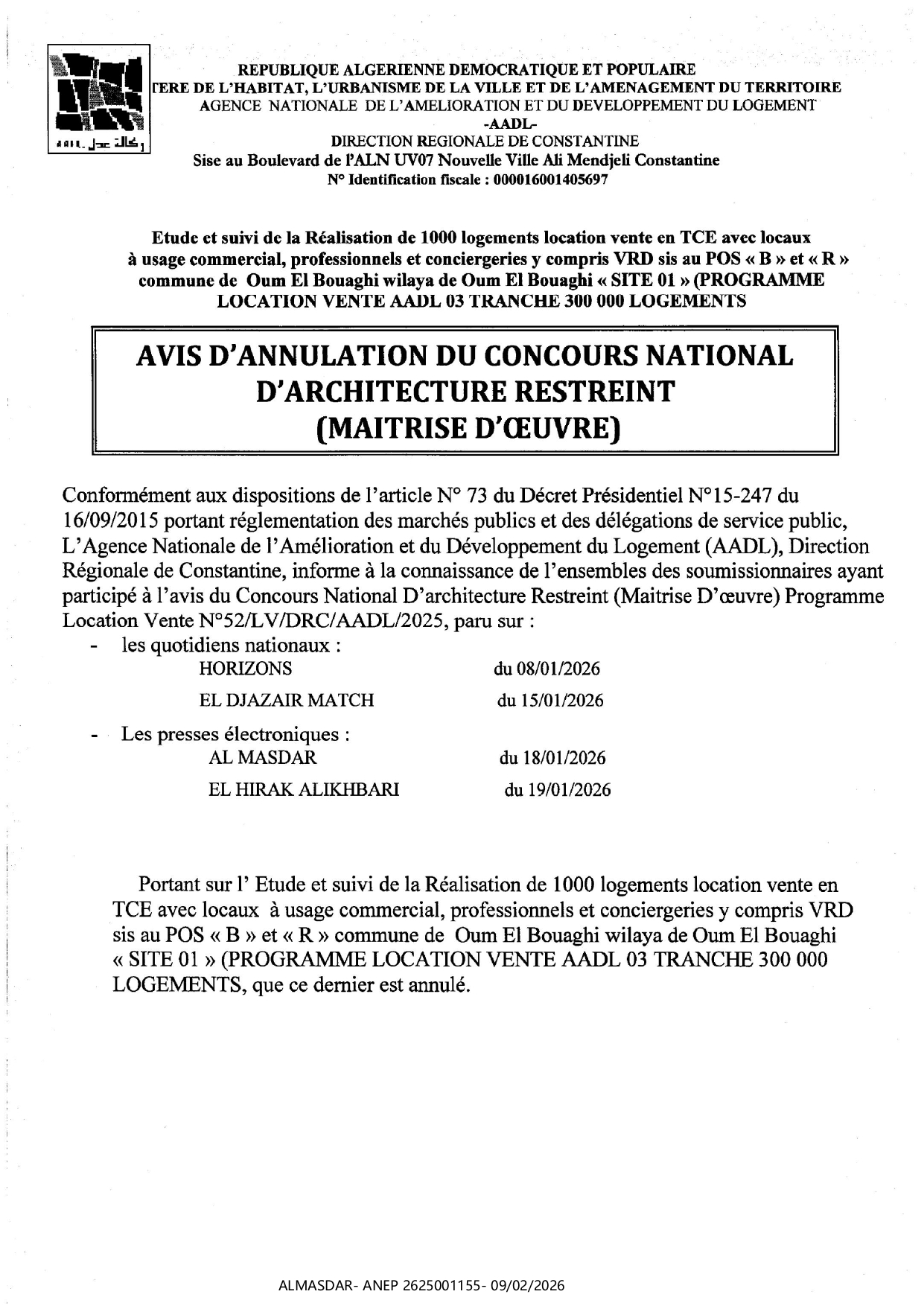 avis d'annulation du concours national d'architectutr