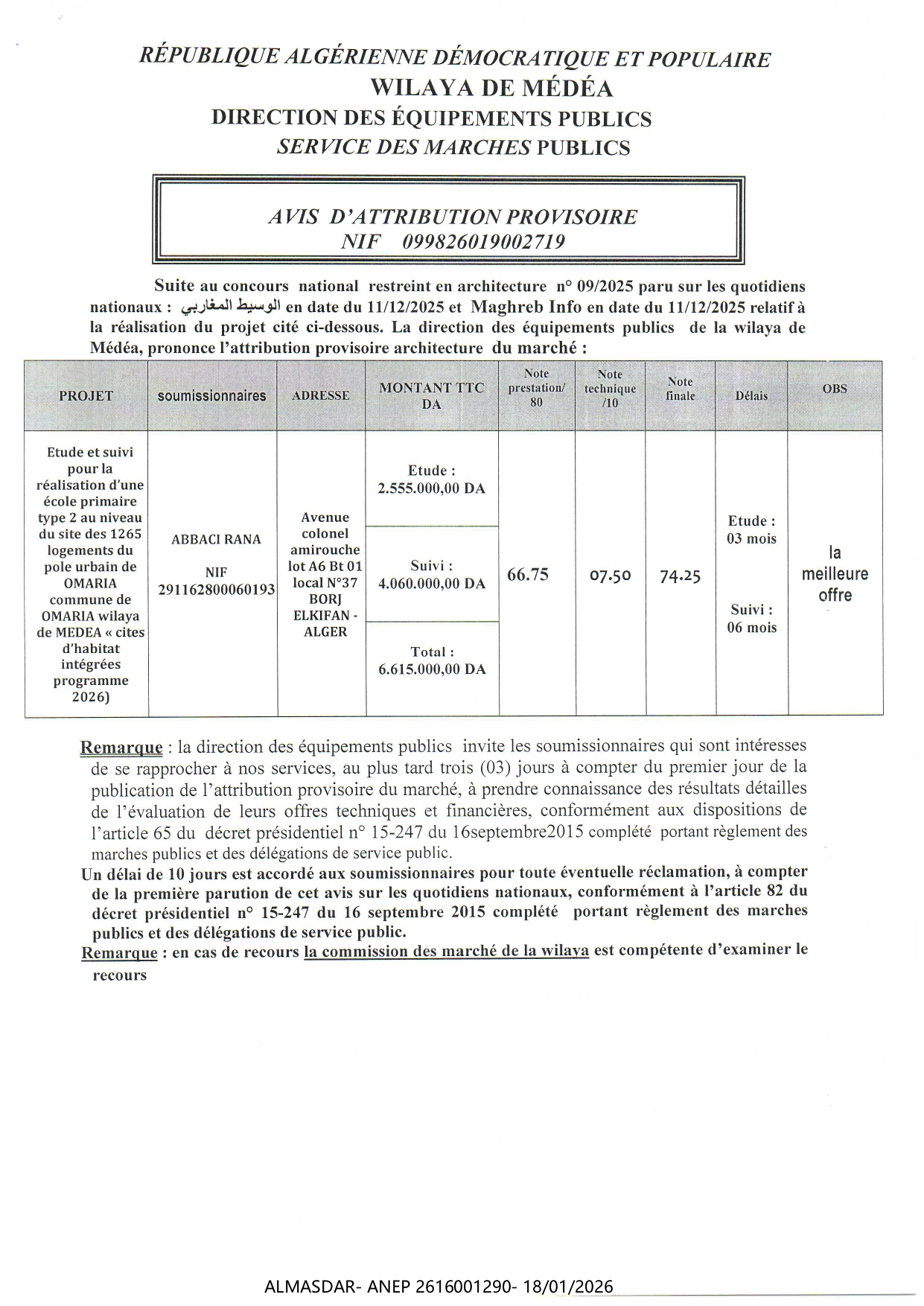 AVIS D'ATTRIBUTION PROVISOIRE NIF 099826019002719
