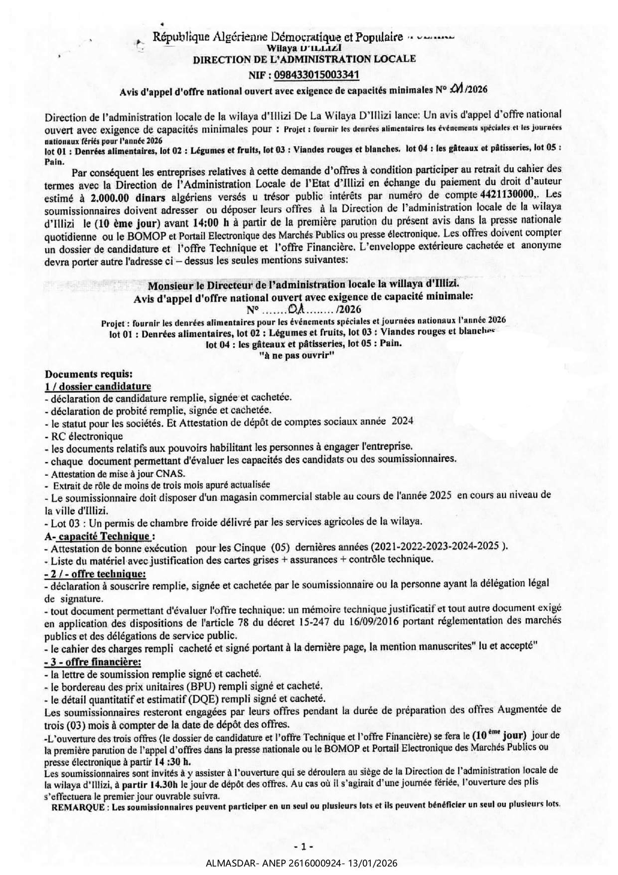 avis d'appel d'offre national ouvert avec exigence de capacites minimales n 01/2026