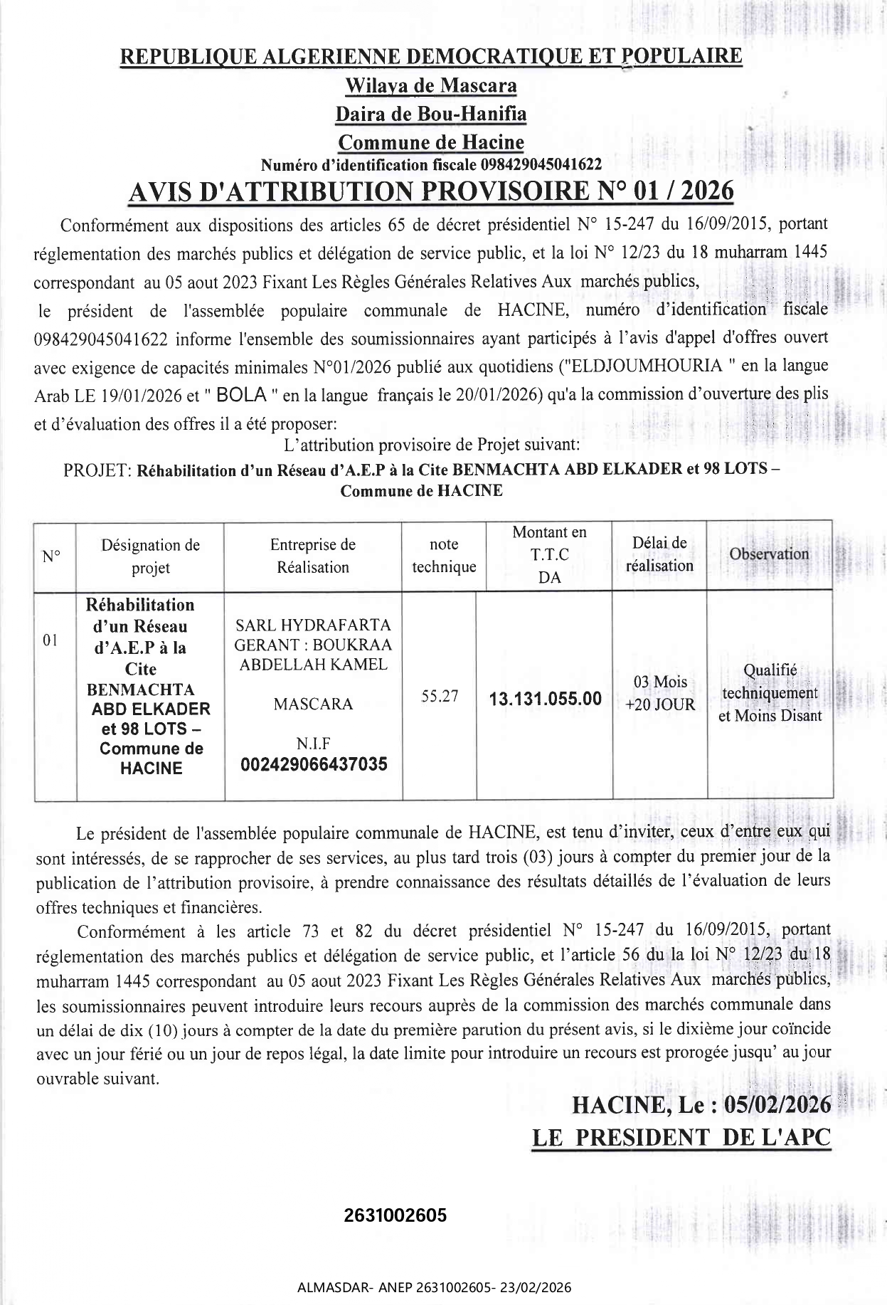 avis d'attribution provisoire n 01/2026