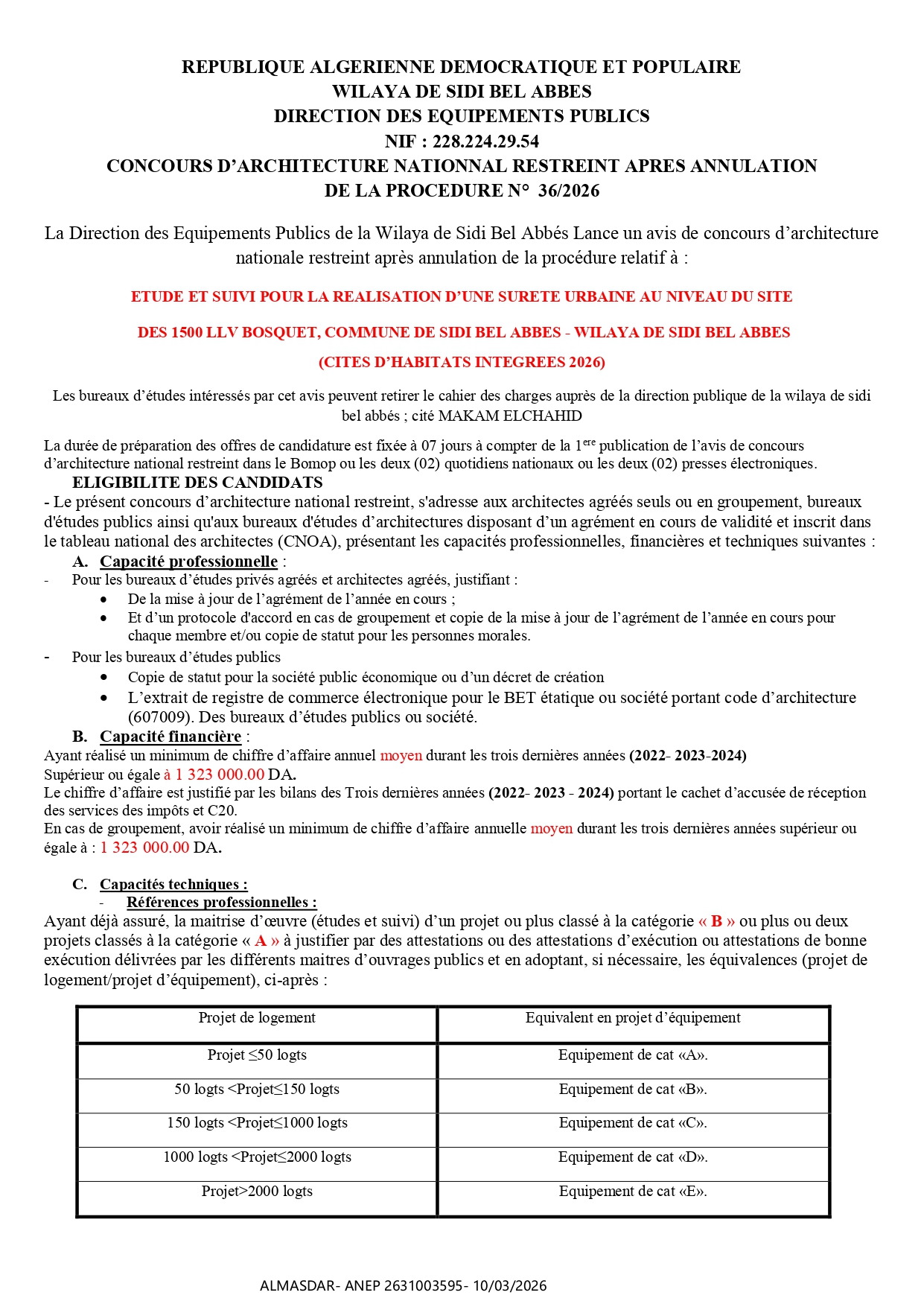 CONCOURS D’ARCHITECTURE NATIONNAL RESTREINT APRES ANNULATION   DE LA PROCEDURE N°  36/2026 