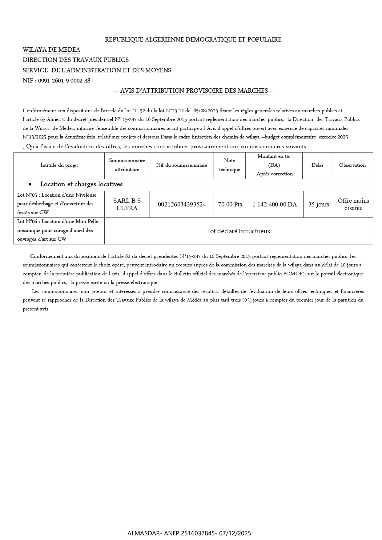  AVIS D’ATTRIBUTION PROVISOIRE DES MARCHES--