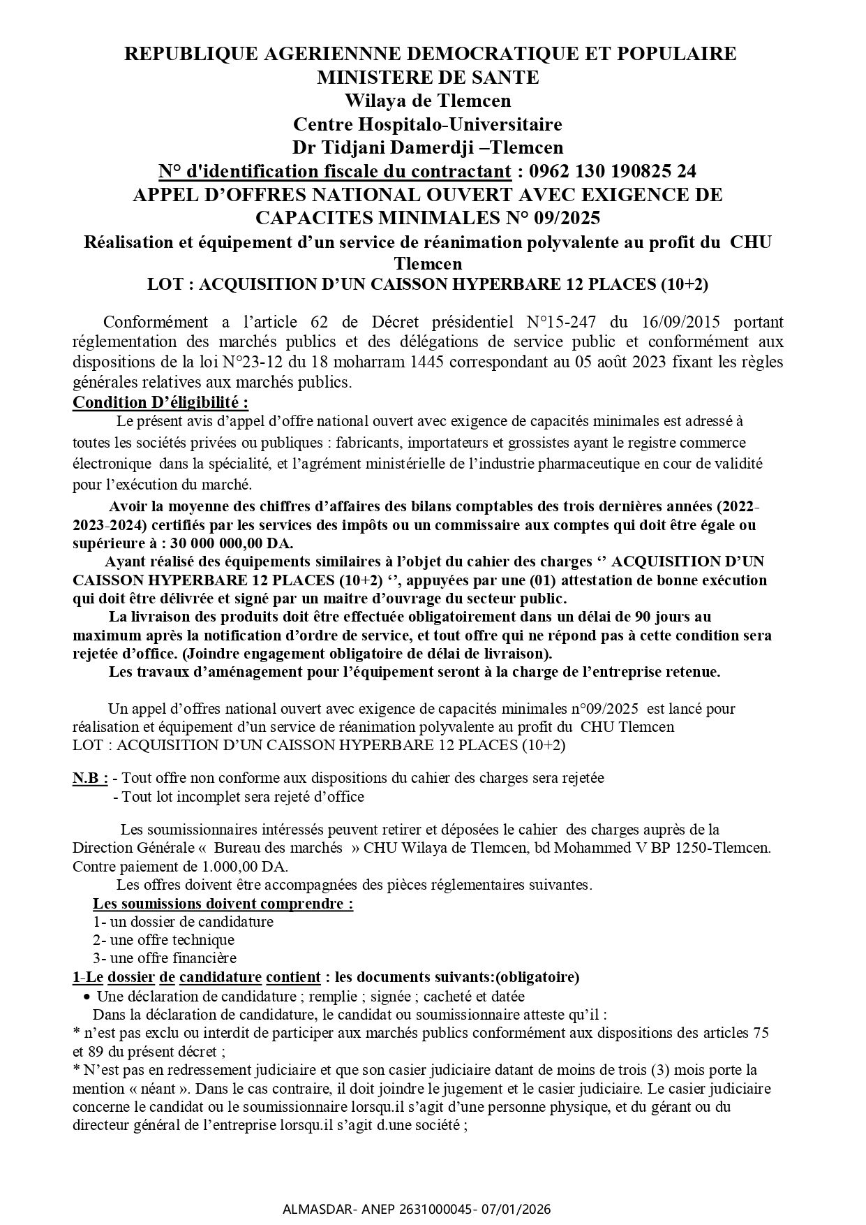 APPEL D’OFFRES NATIONAL OUVERT AVEC EXIGENCE DE  CAPACITES MINIMALES N° 09/2025