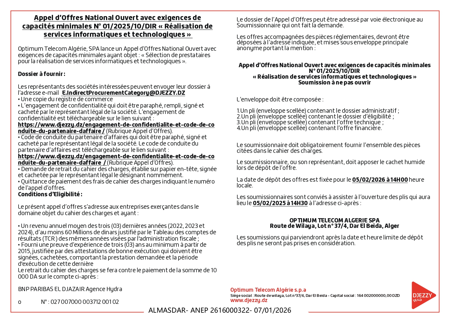 Appel d’Offres National Ouvert avec exigences de  capacités minimales N° 01/2025/10/DIR