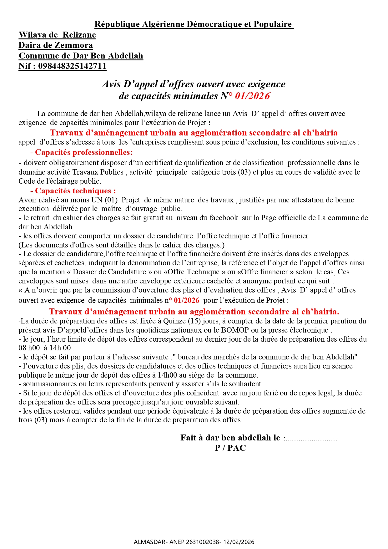 Avis D’appel d’offres ouvert avec exigence  de capacités minimales N° 01/2026