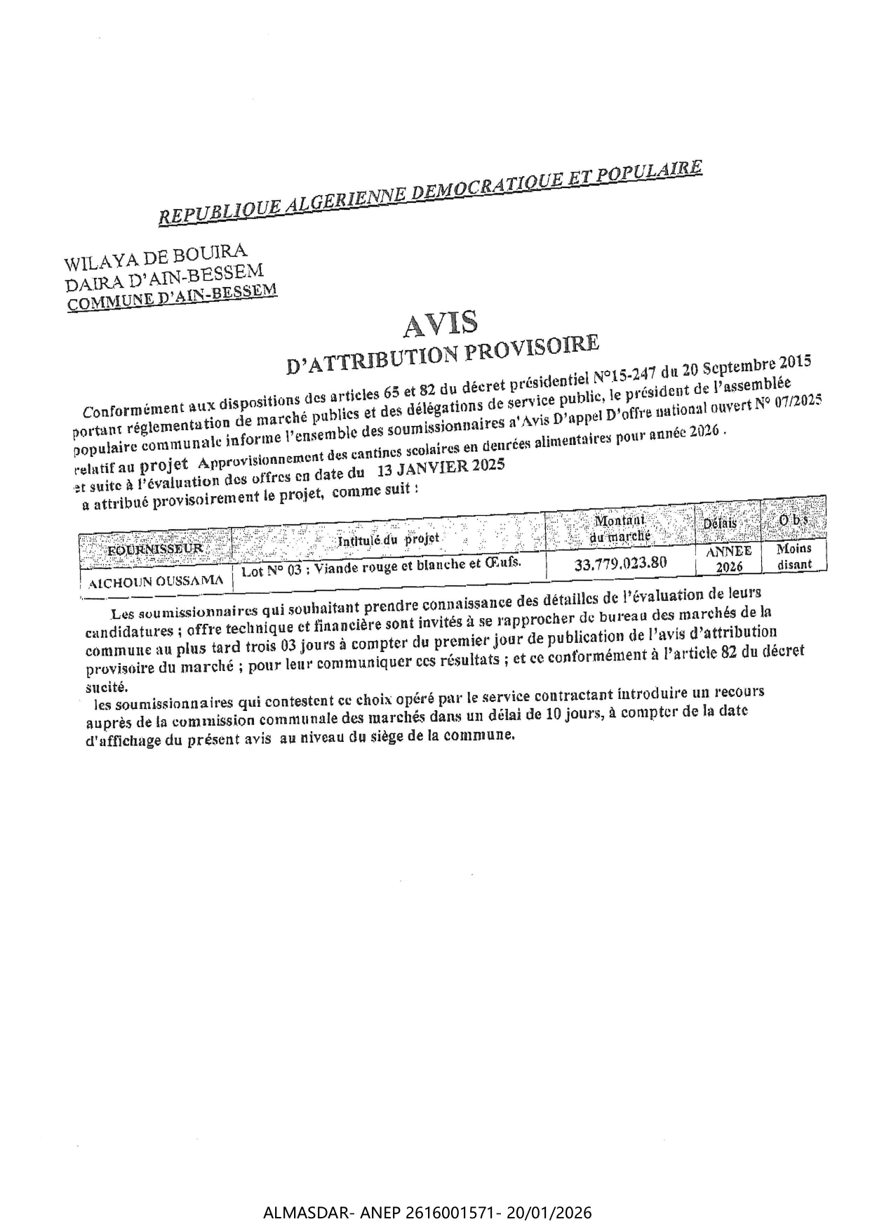 AVIS D'ATTRIBUTION PROVISOIRE/*