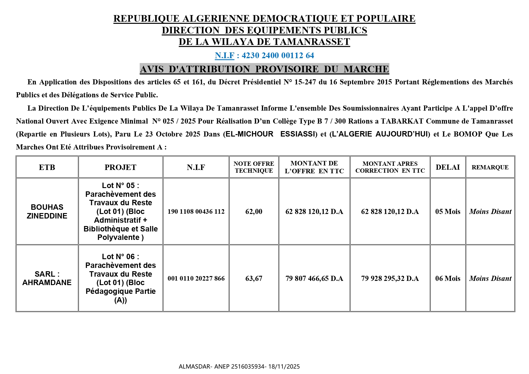 AVIS  D'ATTRIBUTION  PROVISOIRE  DU  MARCHE 