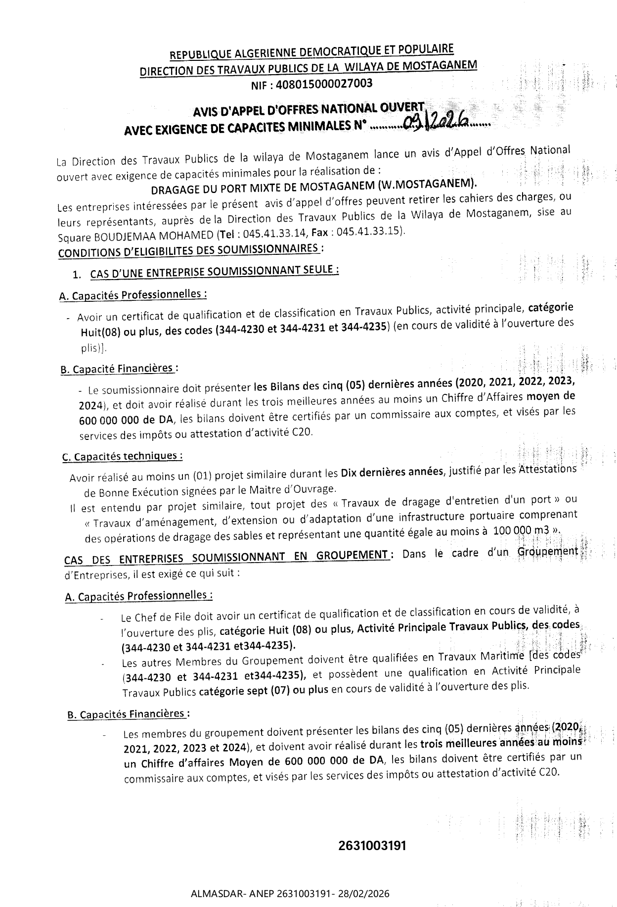 avis d'appel d'offres national  ouvert avec exigence de capacite minimales n 09/2026