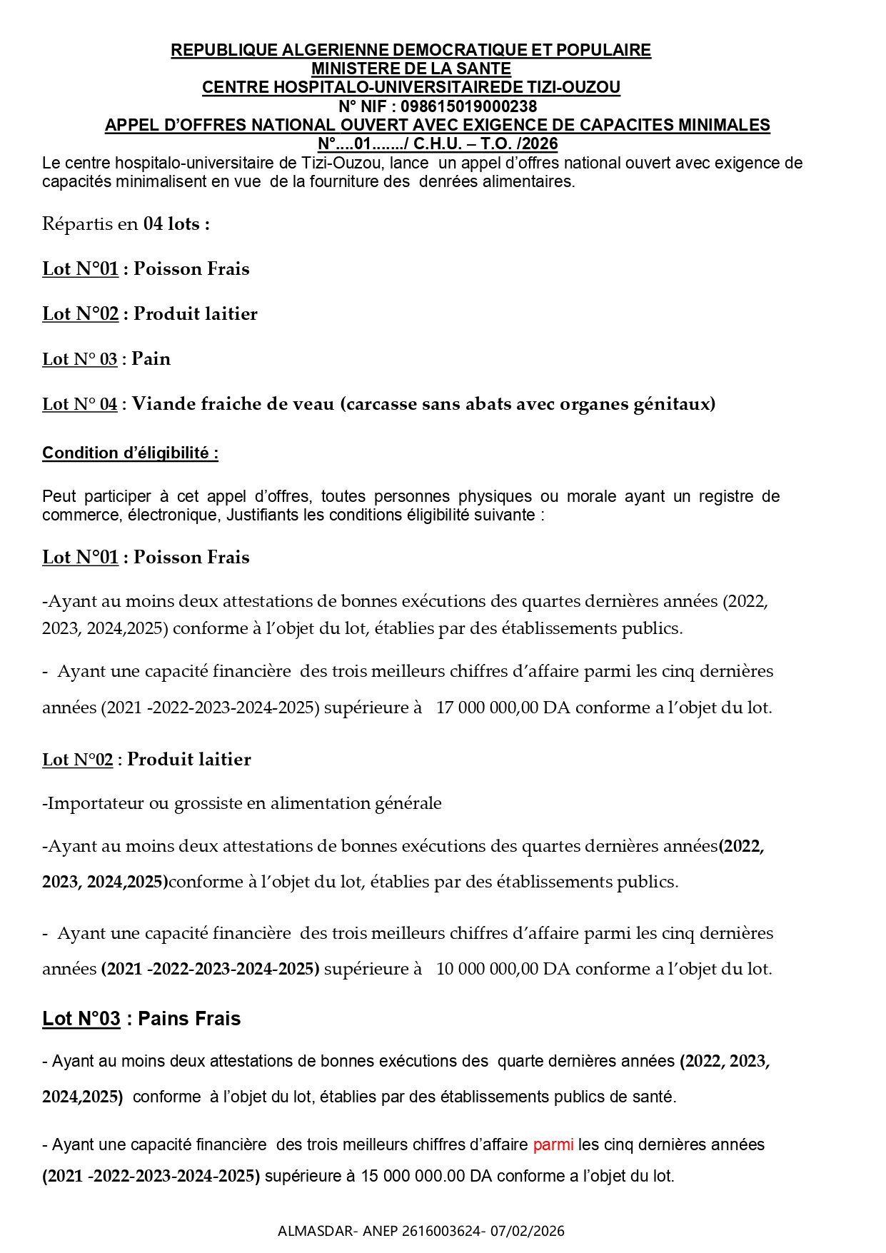 APPEL D’OFFRES NATIONAL OUVERT AVEC EXIGENCE DE CAPACITES MINIMALES  N° ....01......./ C.H.U. – T.O. /2026 