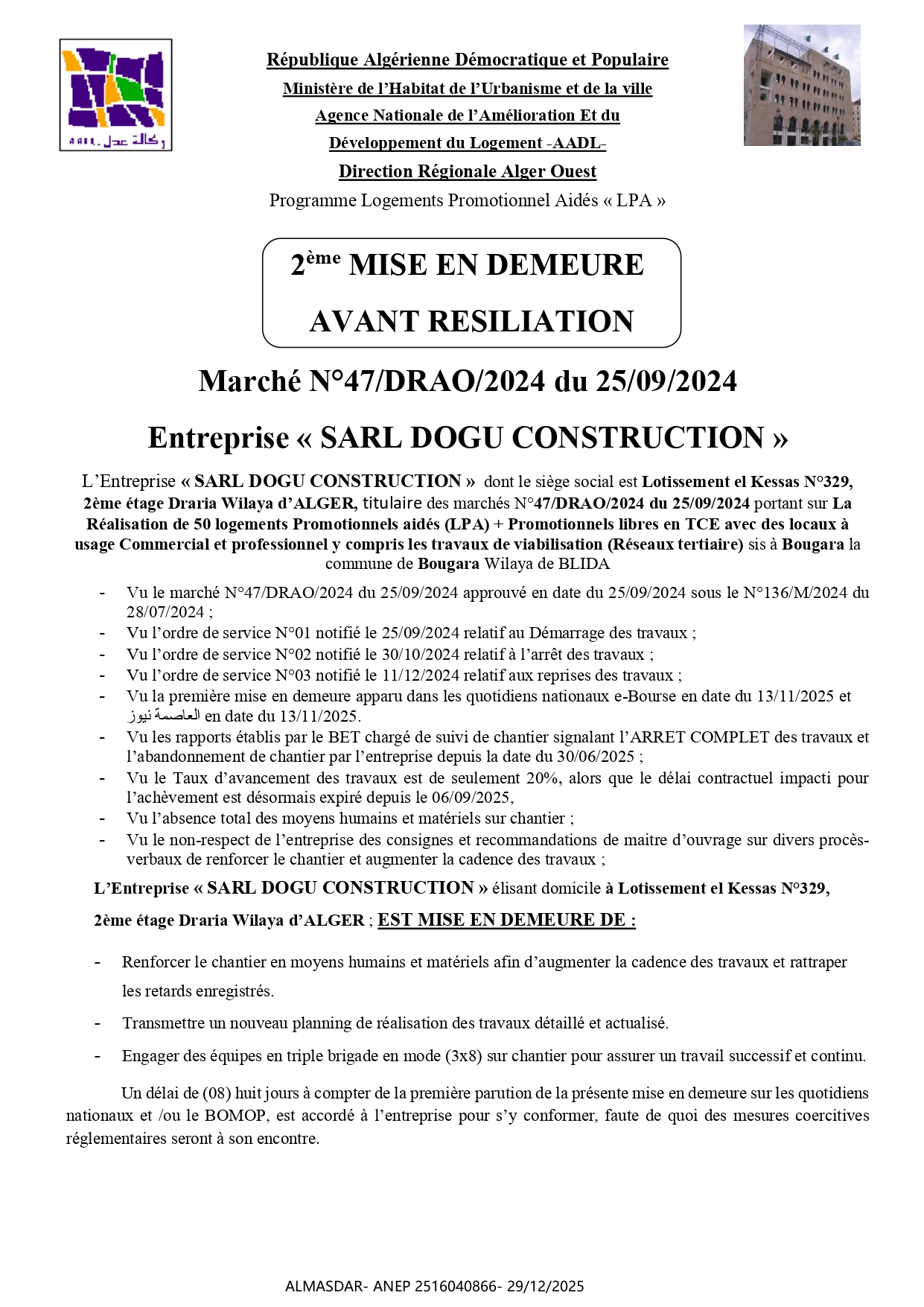 2ème MISE EN DEMEURE  AVANT RESILIATION 