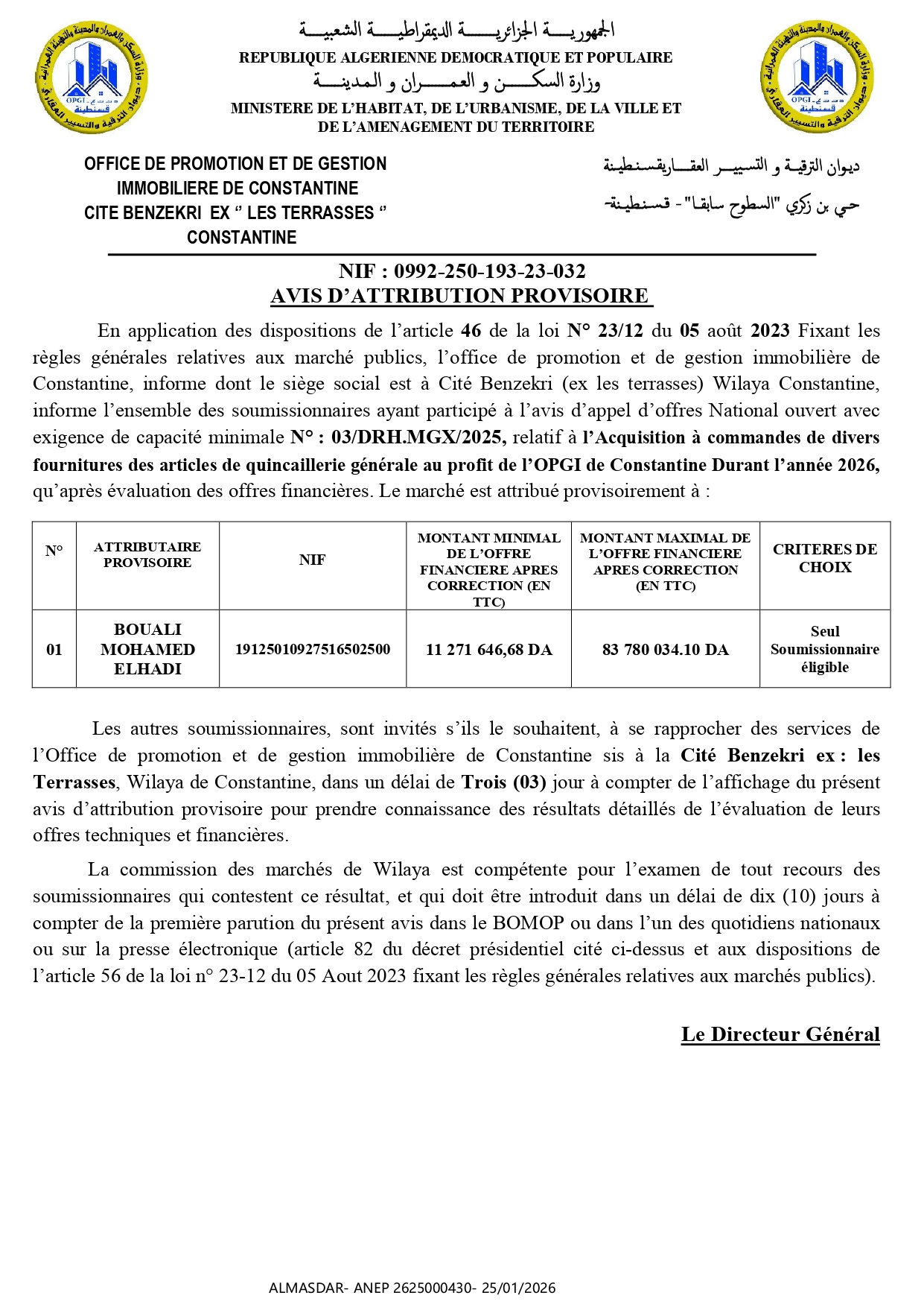 */AVIS D'attribution provisoire */