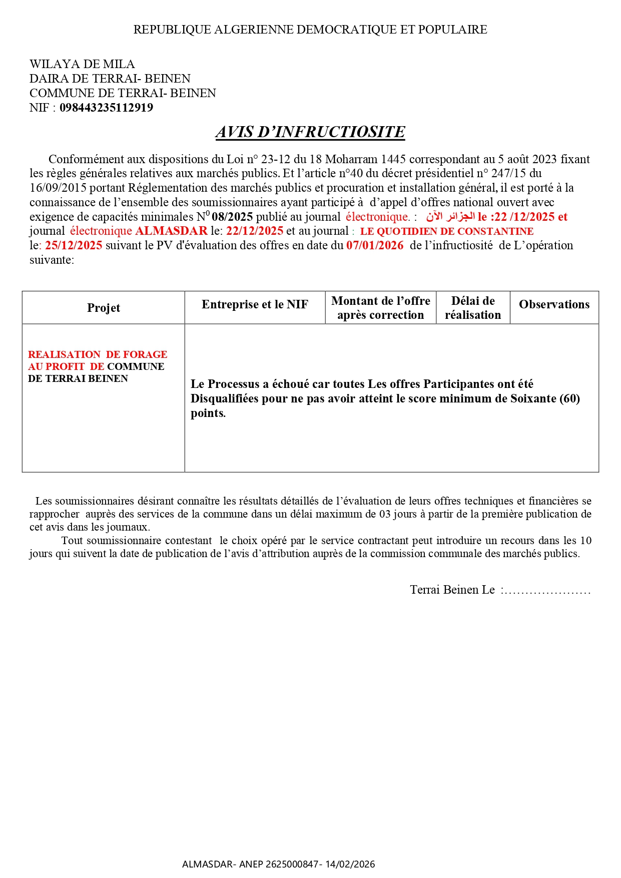 AVIS D’INFRUCTIOSITE///