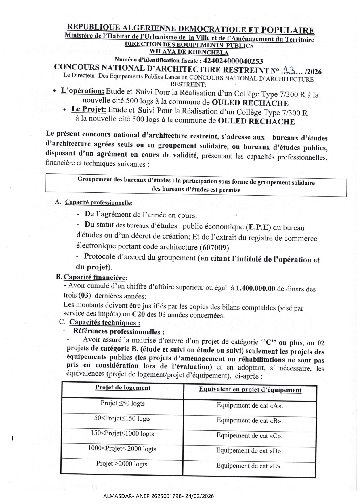 concours national d'architectures restreint n 13/2026