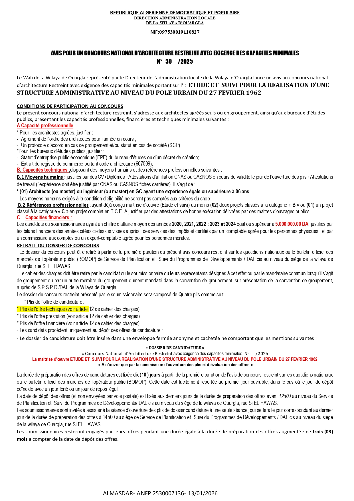 AVIS POUR UN CONCOURS NATIONAL D'ARCHITECTURE RESTREINT AVEC EXIGENCE DES CAPACITES MINIMALES  N°   30      /2025