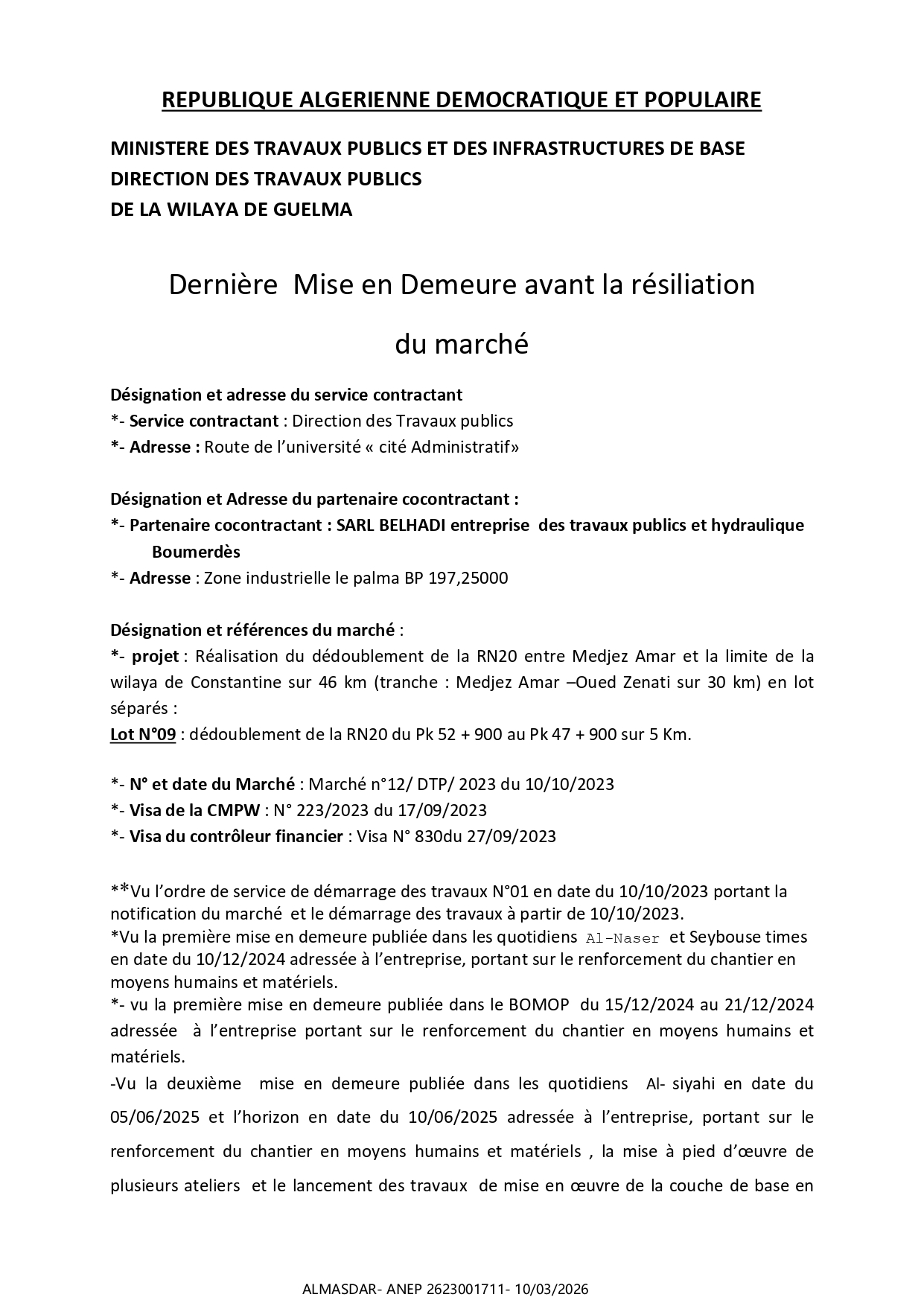 Dernière  Mise en Demeure avant la résiliation   du marché 