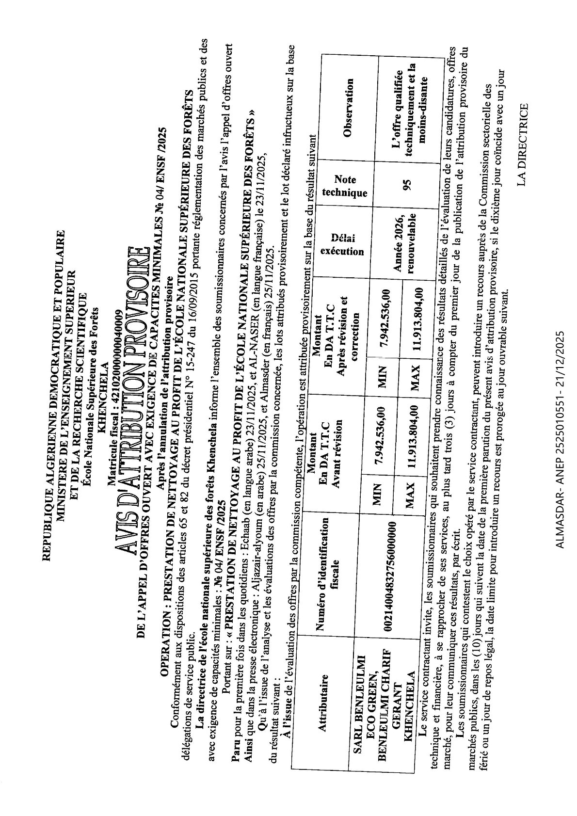 avis d'attribution provisoire--