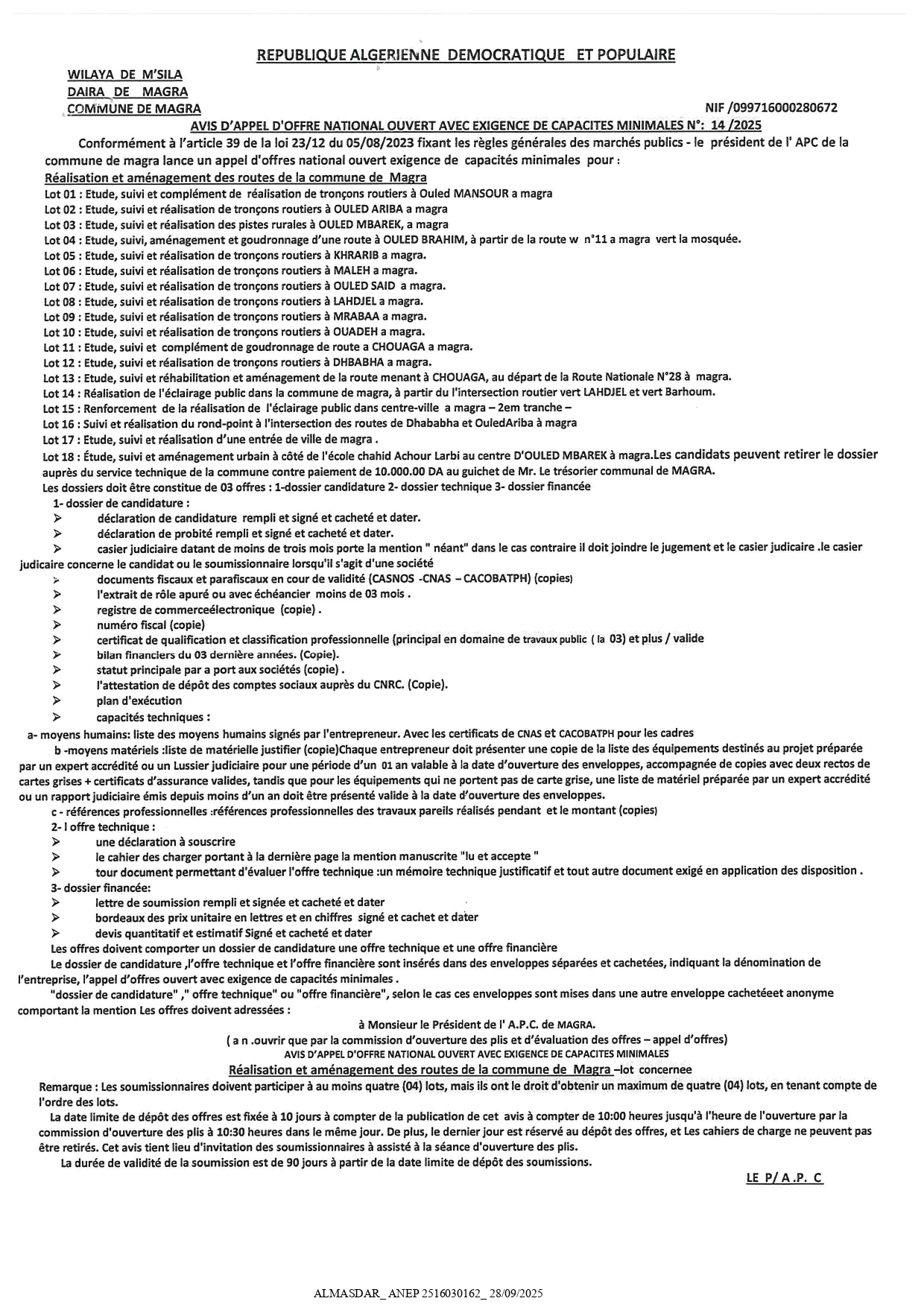 AVIS D'APPEL D'OFFRE NATIONAL OUVERT AVEC EXIGENCE DE CAPACITES MINIMALES N°: 14/2025