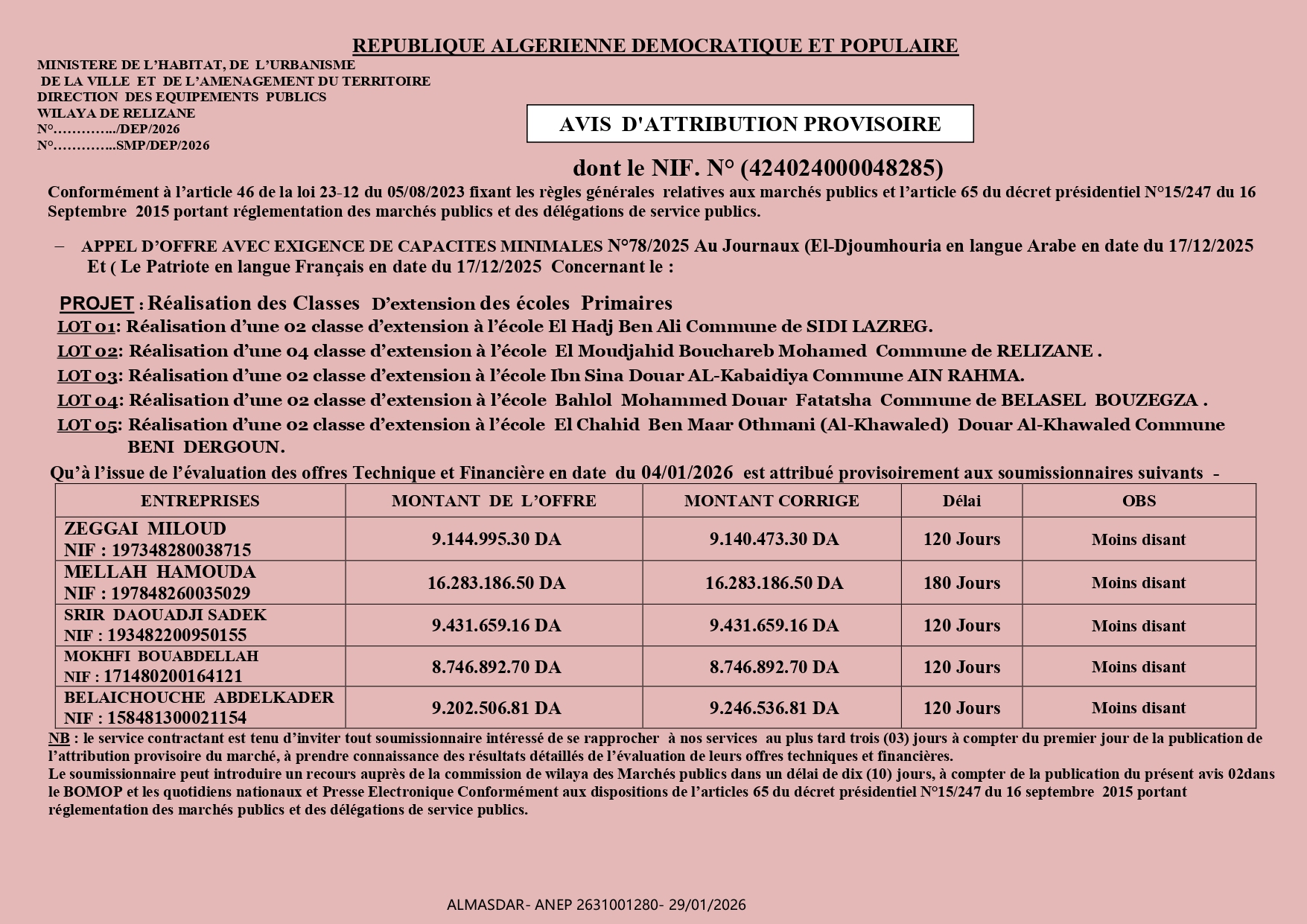 AVIS  D'ATTRIBUTION PROVISOIRE*/