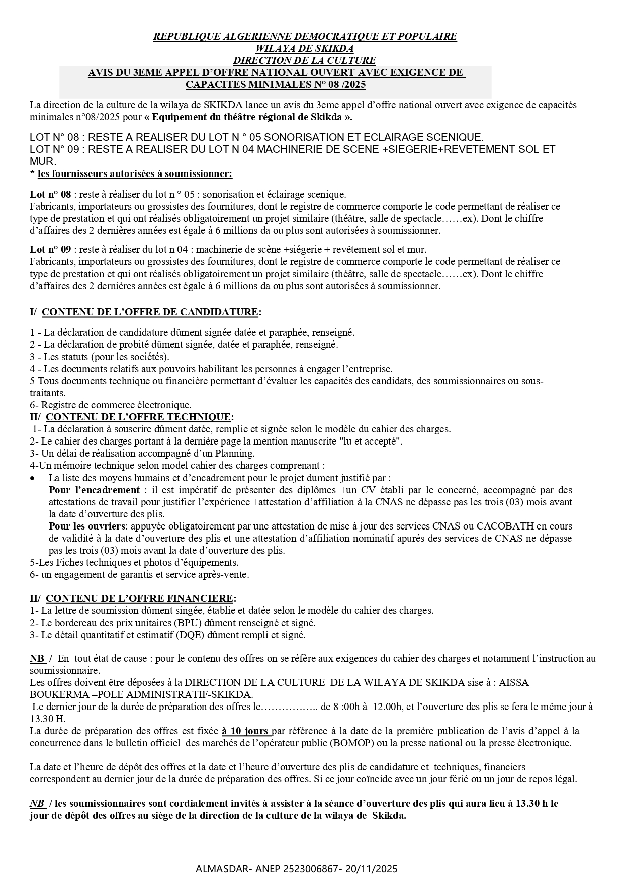 AVIS DU 3EME APPEL D’OFFRE NATIONAL OUVERT AVEC EXIGENCE DE  CAPACITES MINIMALES N° 08 /2025 