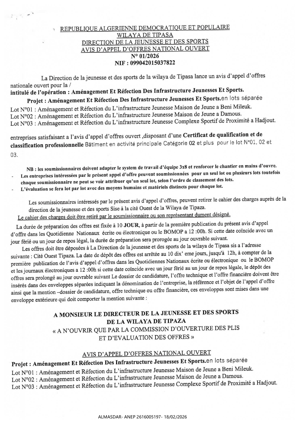 avis d'appel d'offres national ouvert n 01/2026