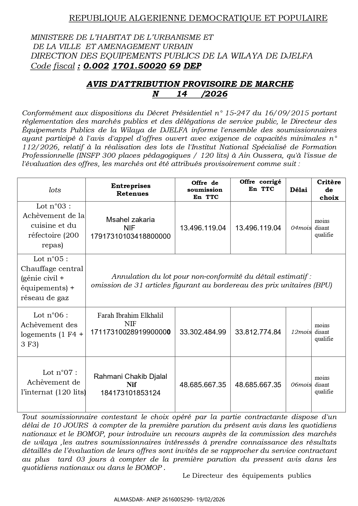 AVIS D'ATTRIBUTION PROVISOIRE DE MARCHE  N      14     /2026