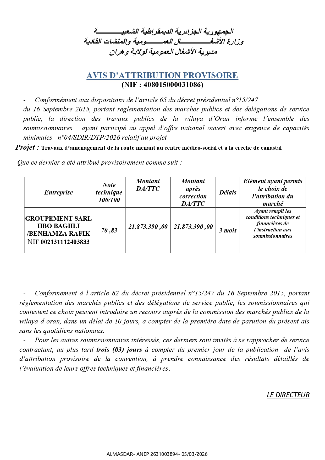 -*AVIS D’ATTRIBUTION PROVISOIRE