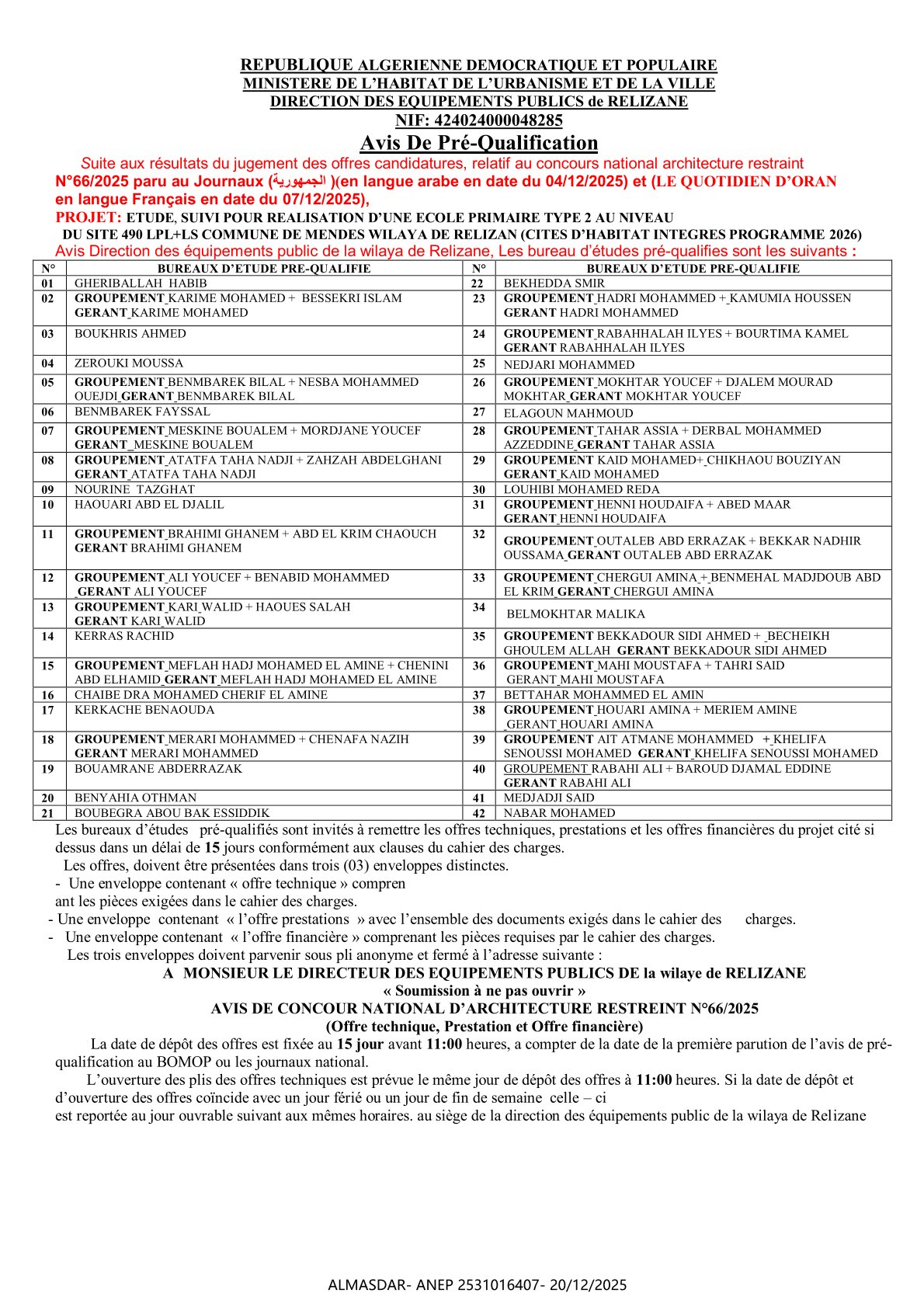 Avis De Pré-Qualification.