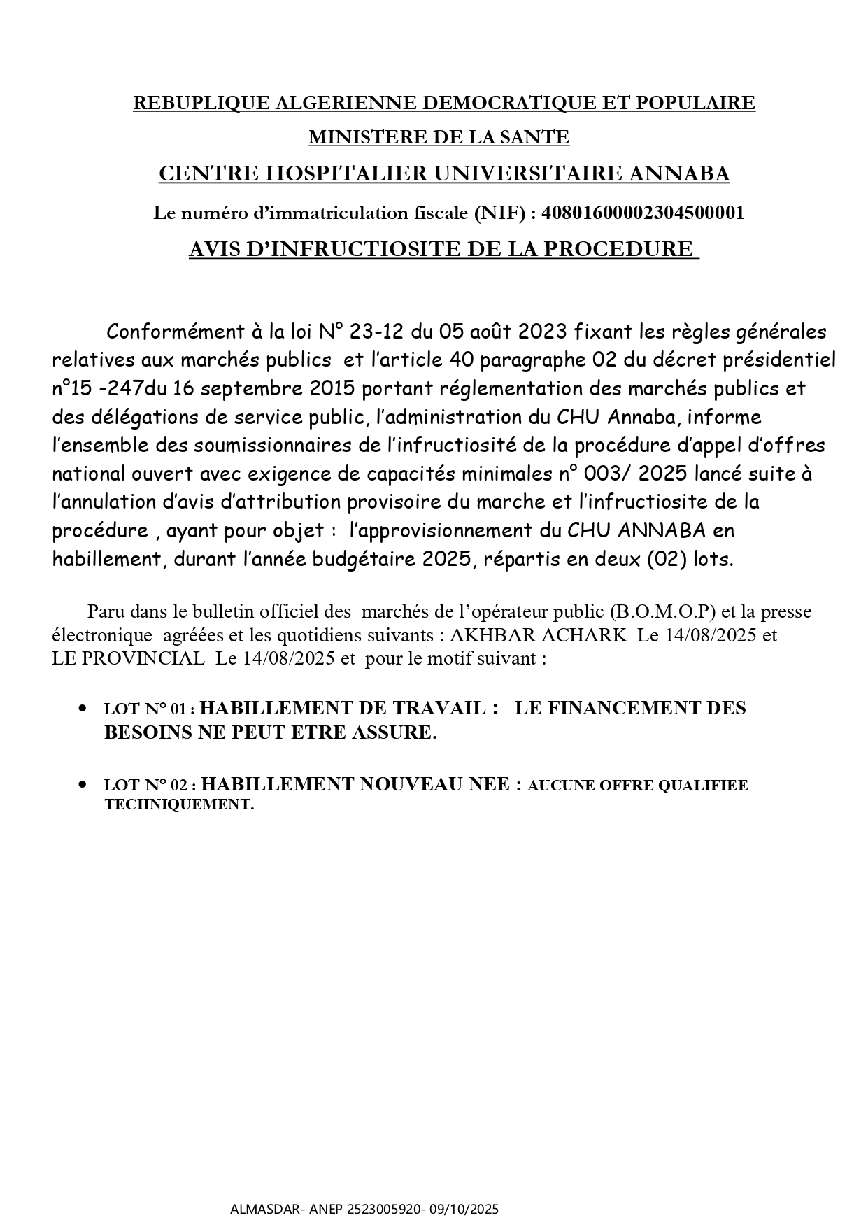 AVIS D’INFRUCTIOSITE DE LA PROCEDURE  