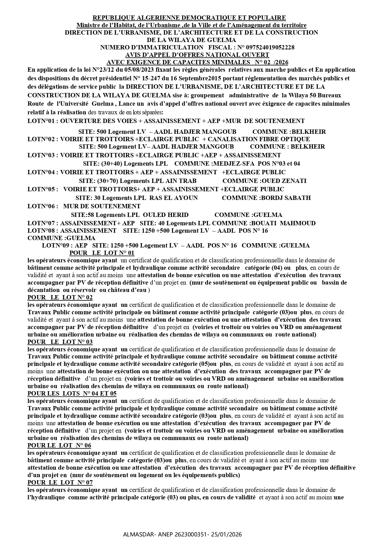 AVIS D’APPEL D’OFFRES NATIONAL OUVERT   AVEC EXIGENCE DE CAPACITES MINIMALES   N° 02  /2026 