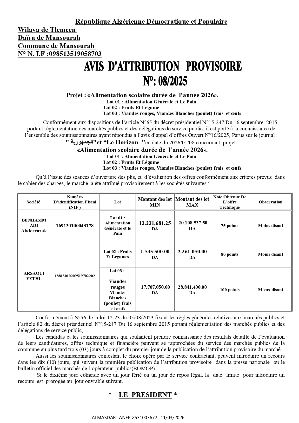 avis d'attribution provisoire n 08/2025