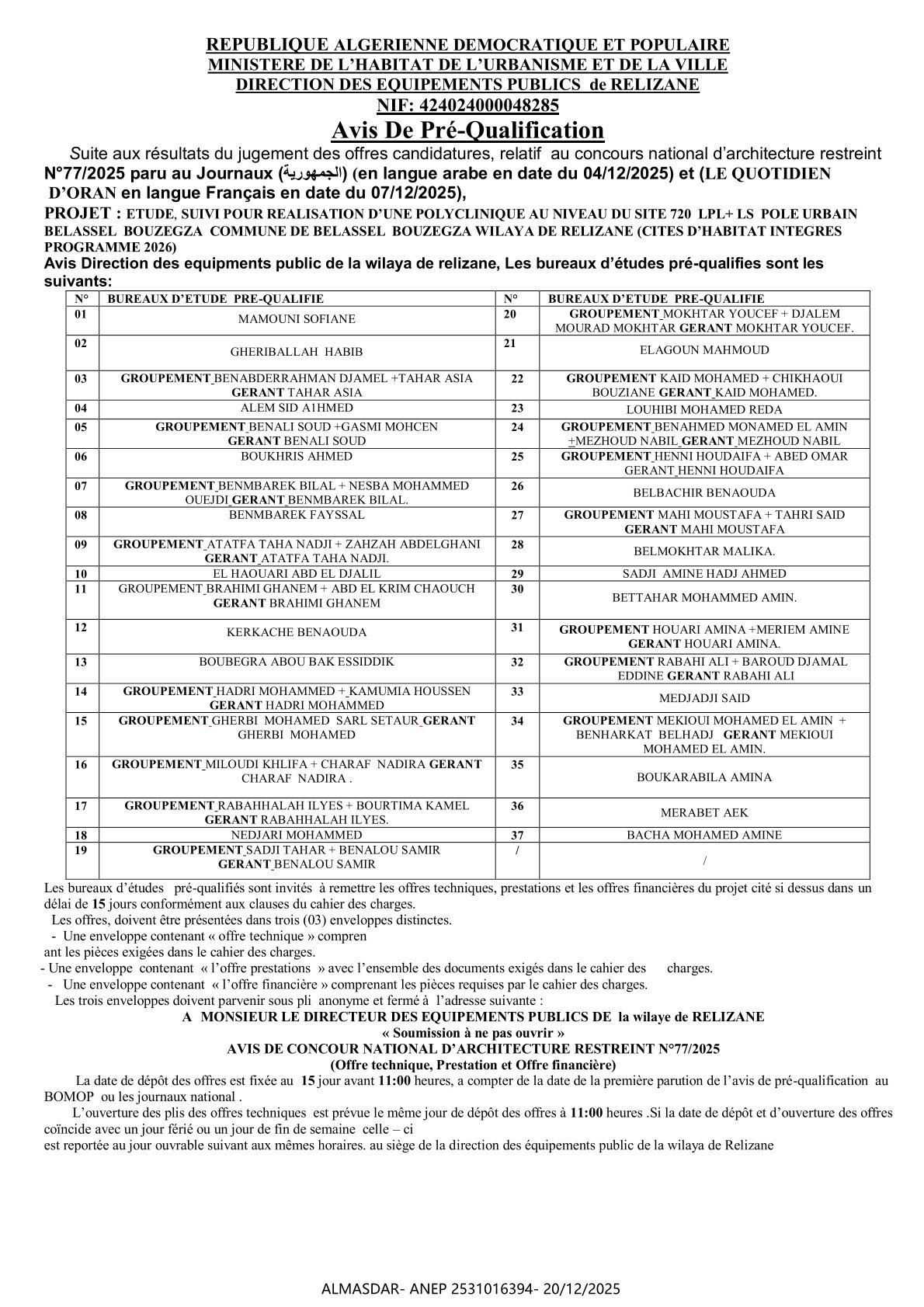 Avis De Pré-Qualification  