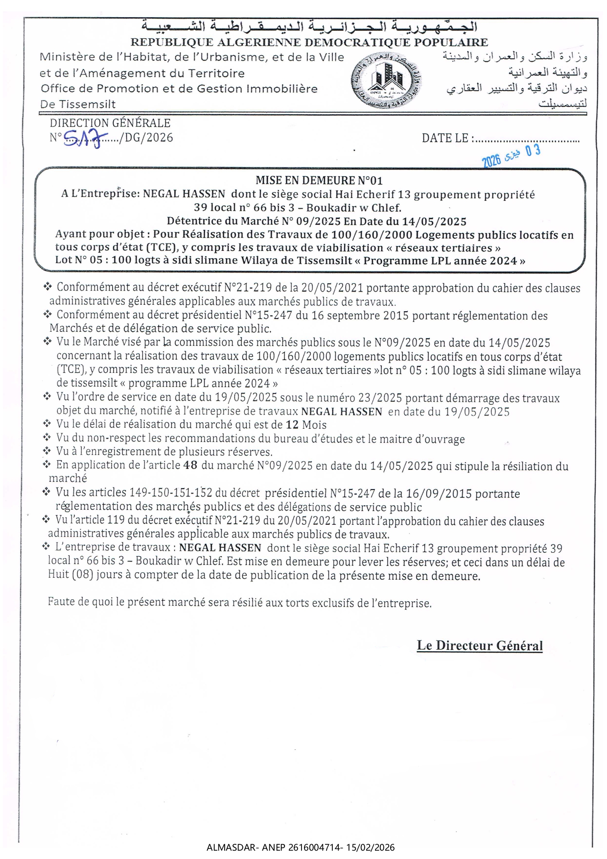 MISE EN DEMEURE N 01/*/