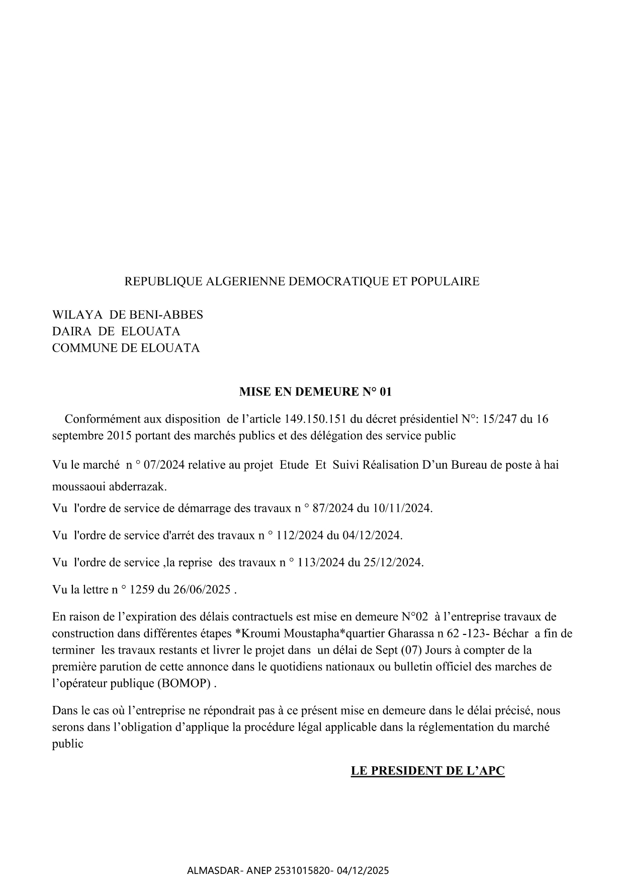 MISE EN DEMEURE N° 01