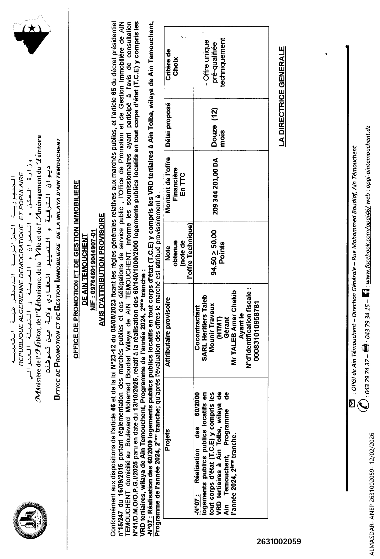 ***AVIS D'ATTRIBUTION PROVISOIRE 