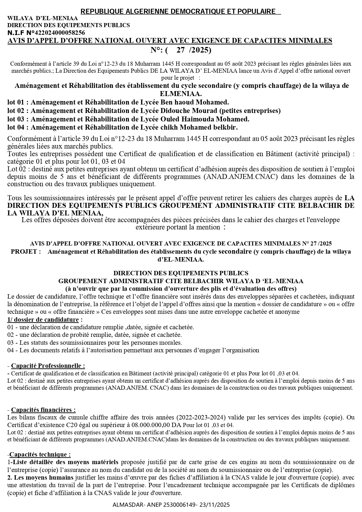 AVIS D’APPEL D’OFFRE NATIONAL OUVERT AVEC EXIGENCE DE CAPACITES  MINIMALES             N°: (     27  /2025)