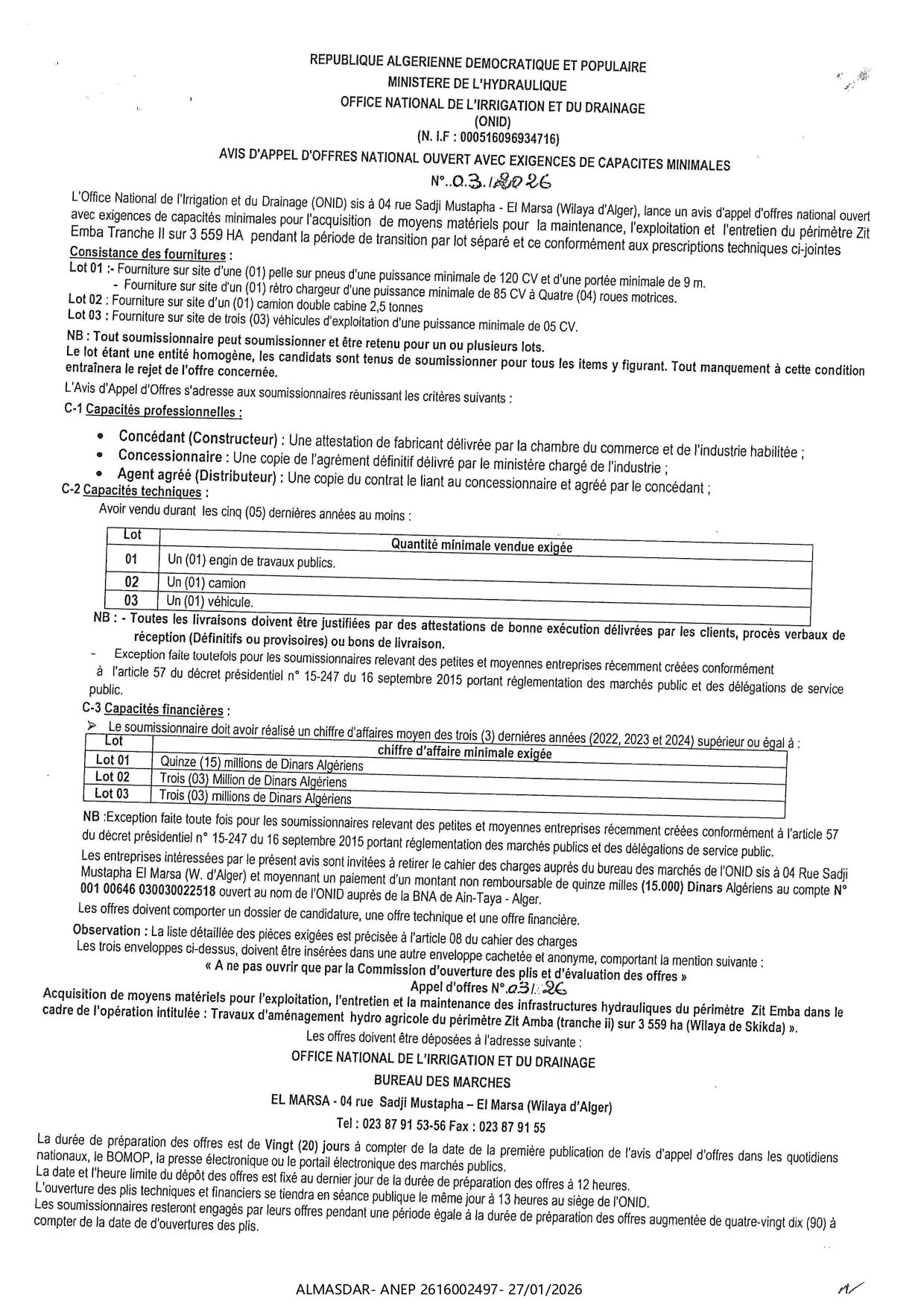 APPEL D'OFFRES OUVERT AVEC EXIGENCE DE CAPACITES MINIMALES N 03/2026 