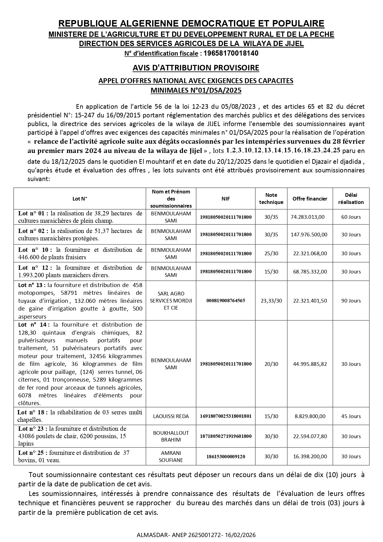 AVIS D'ATTRIBUTION PROVISOIRE    APPEL D’OFFRES NATIONAL AVEC EXIGENCES DES CAPACITES   MINIMALES N°01/DSA/2025