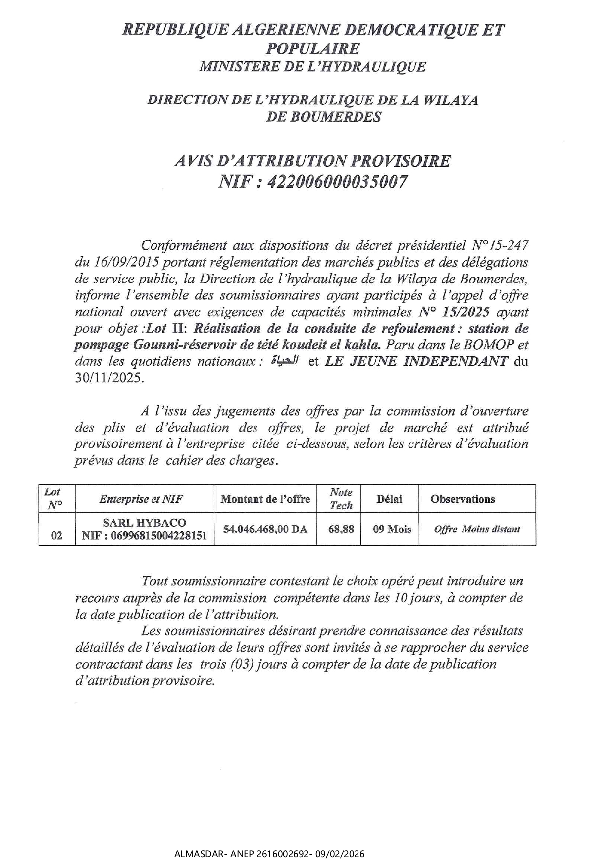 //*AVIS D'ATTRIBUTION PROVISOIRE*/